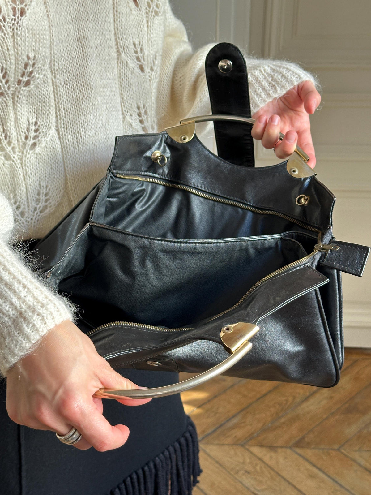 Vintage 90s Soft Black Leather Metal Hardware Handbag