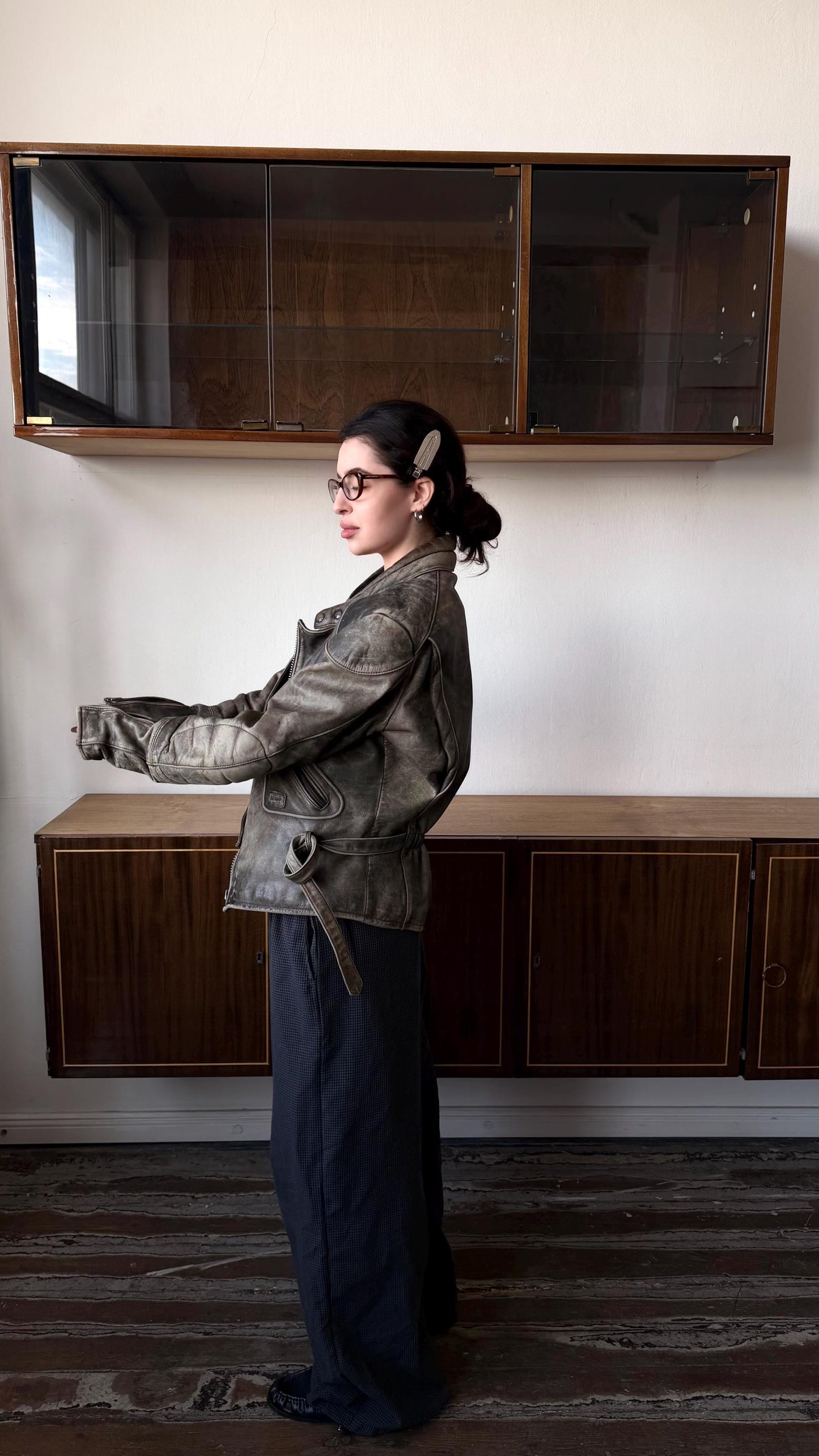 Vintage faded motorcycle leather jacket in brown