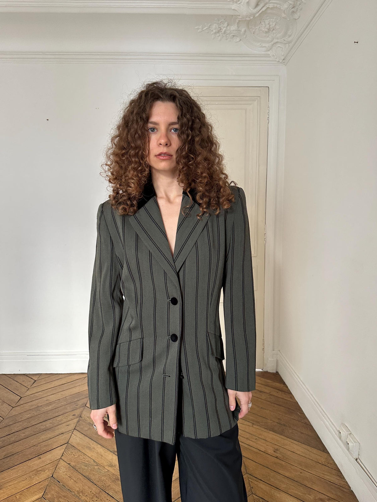 Vintage Striped Wool Blazer with Black Velvet Collar in Green