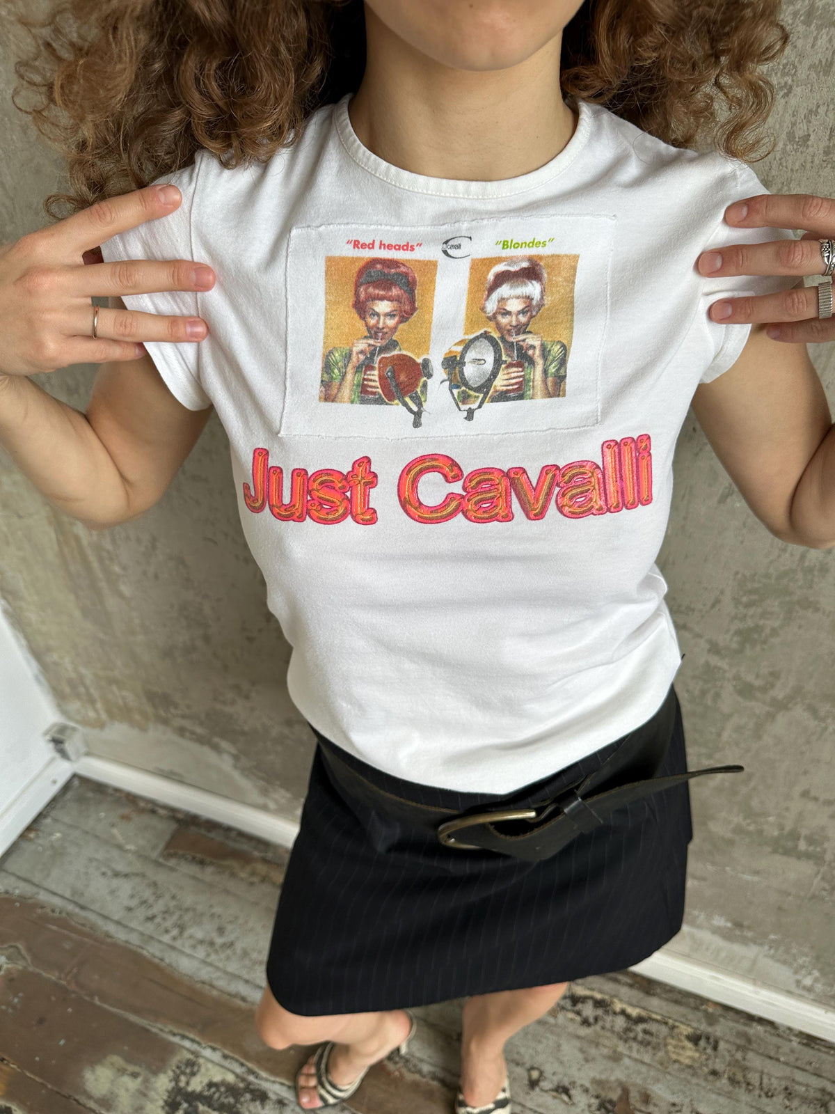 Vintage Just Cavalli White Graphic Baby Tee | Y2K Cotton Micro T-Shirt