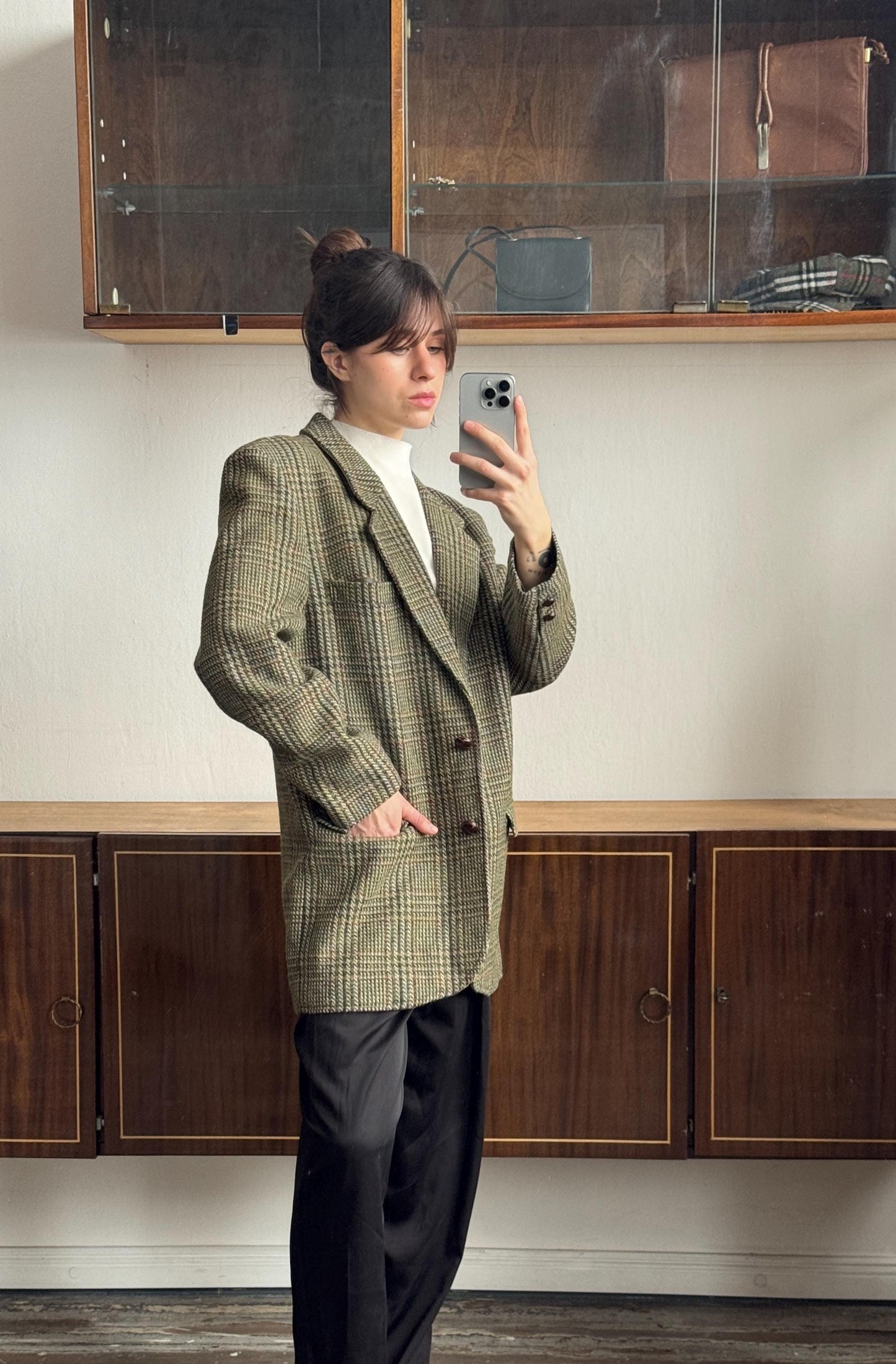 Vintage 90s Wool Classic Checked Blazer In Green