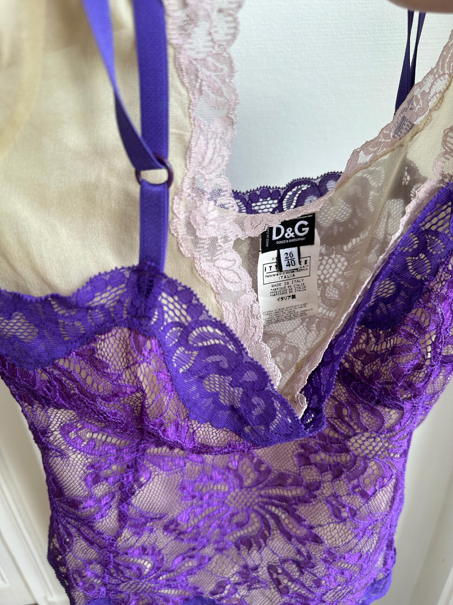 Vintage Dolce & Gabbana Lace Purple Top with Silk Blush Pink Cap Sleeve