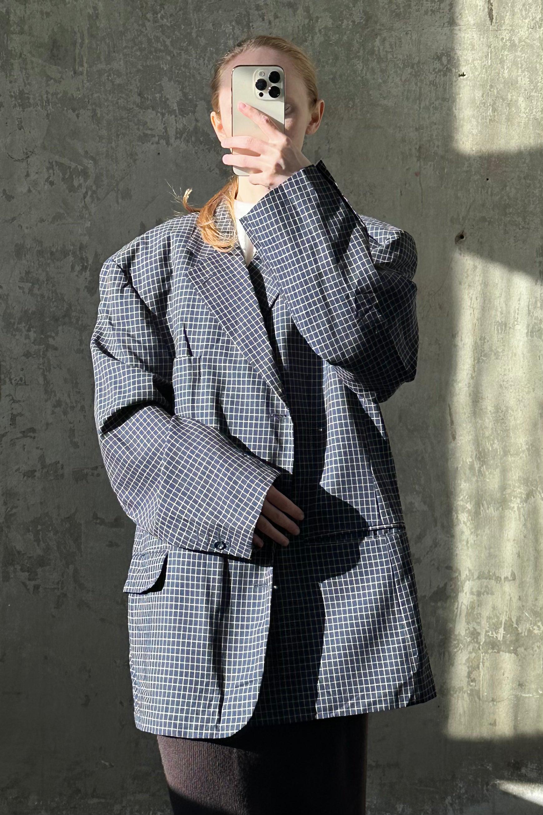 Vintage oversized classic blazer in dark blue with a white checkered pattern