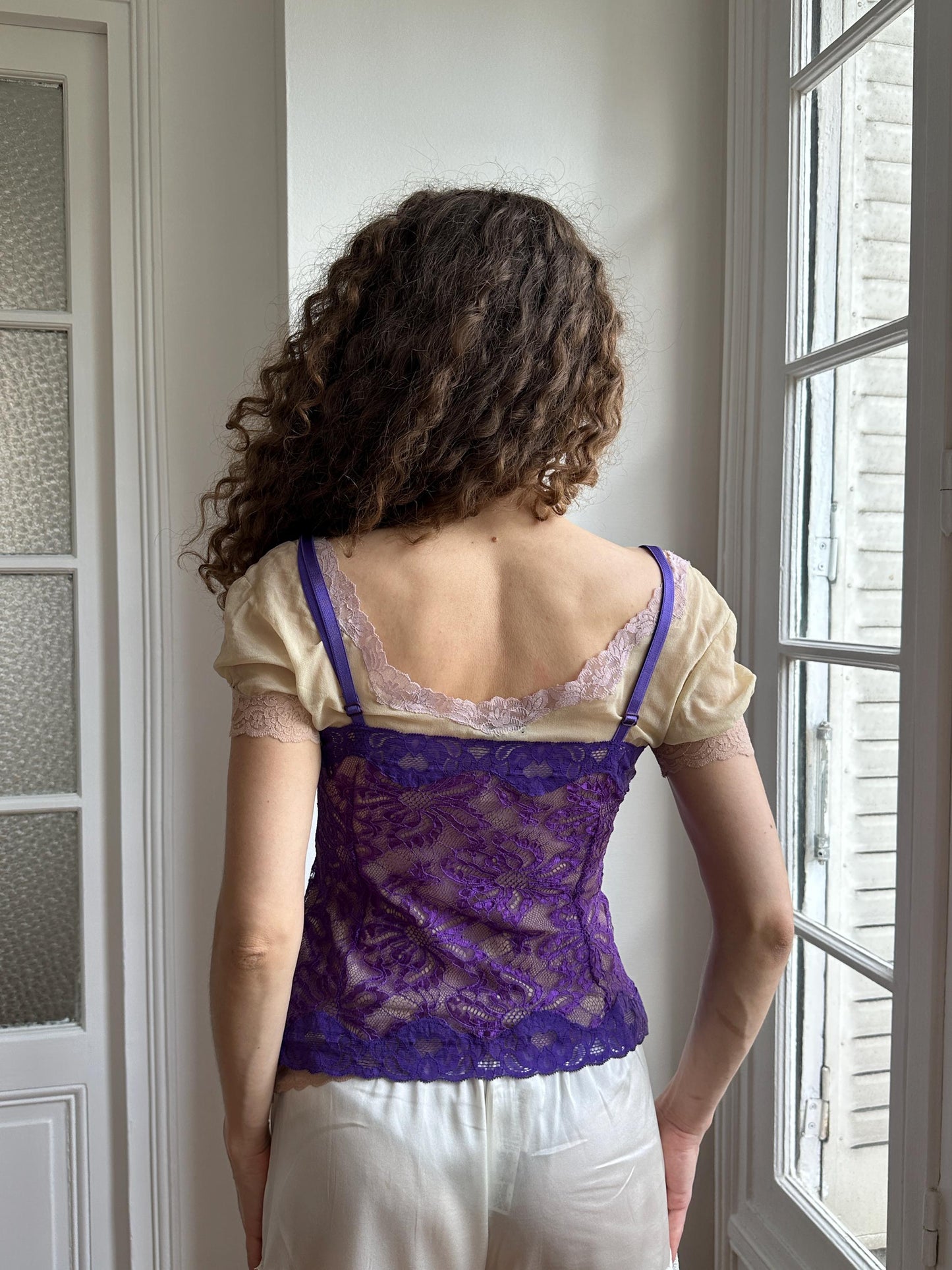 Vintage Dolce & Gabbana Lace Purple Top with Silk Blush Pink Cap Sleeve