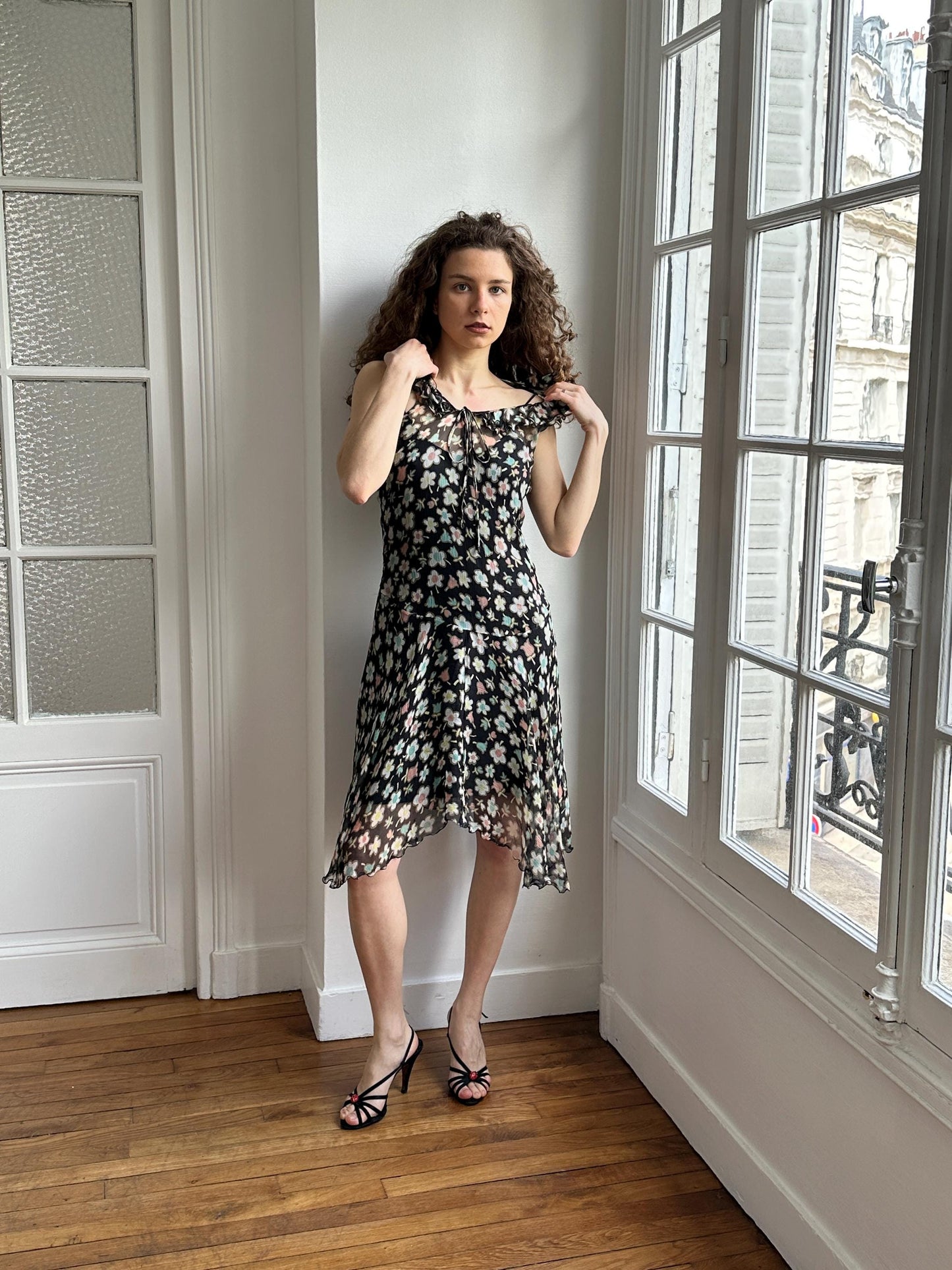 Moschino Cheap and Chic Black Floral Chiffon Midi Dress