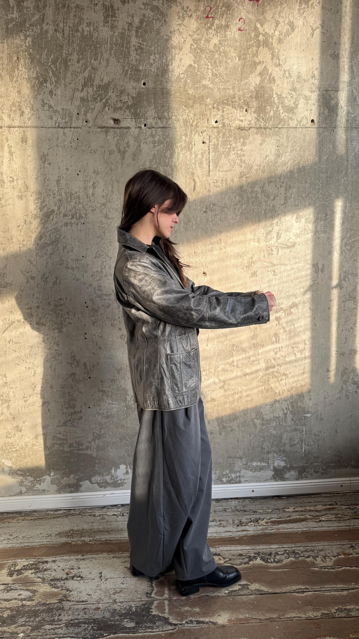 Vintage 90s Burnt Boxy Leather Jacket In Black/Grey