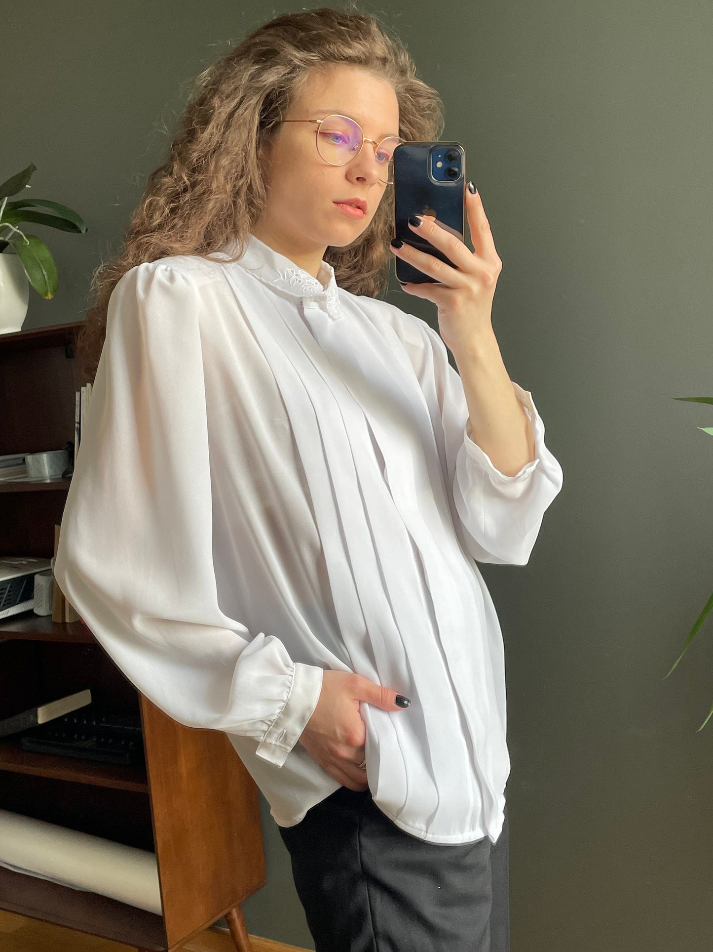 Vintage women blouse in white, pleated blouse