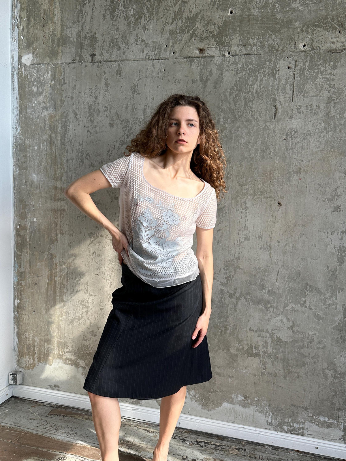 Vintage Cavalli Jeans Grey Mesh Top | Sheer Fishnet T-Shirt