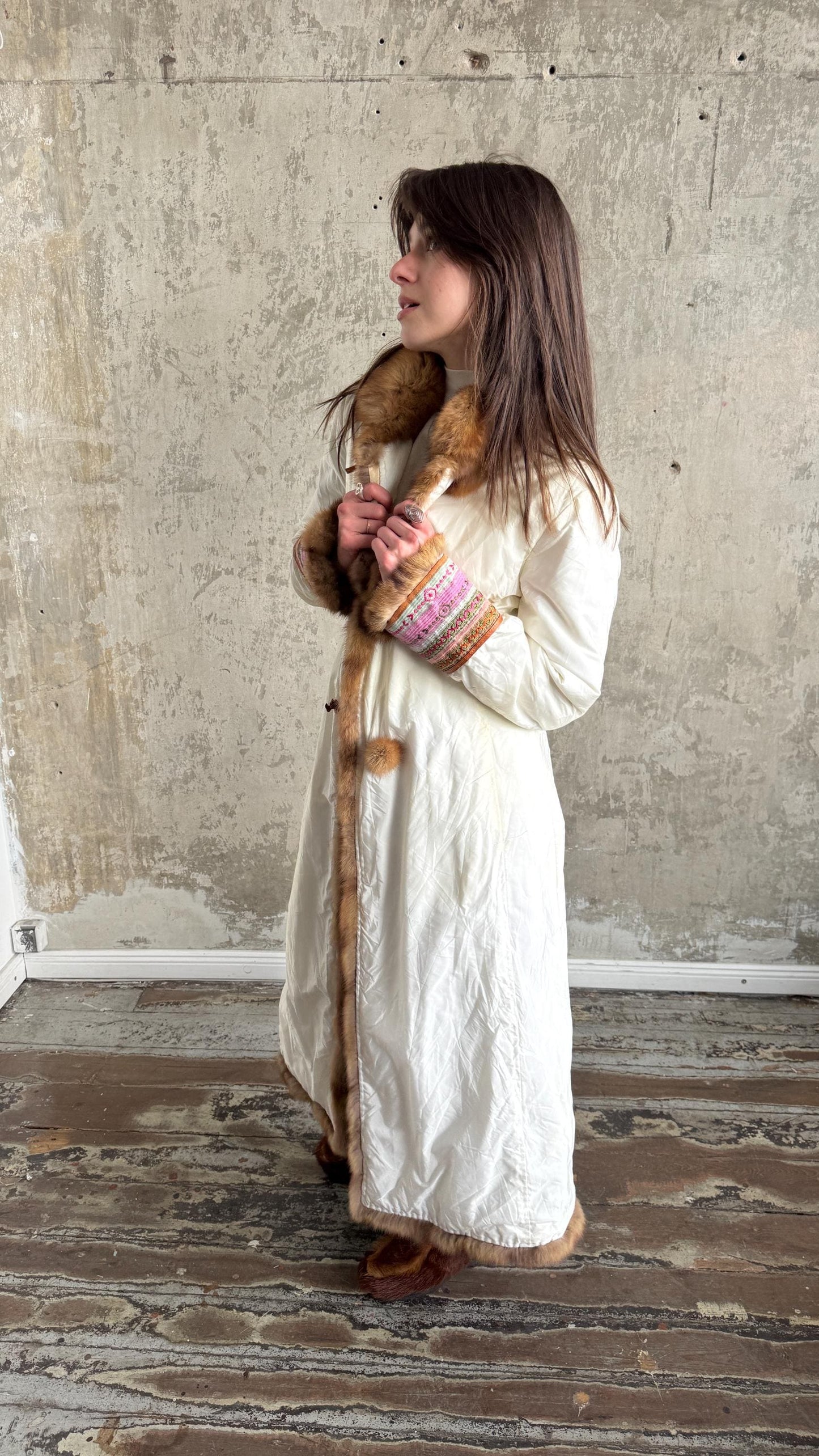 Vintage Ermanno Scervino Ivory Puffer Coat with Fur Trim