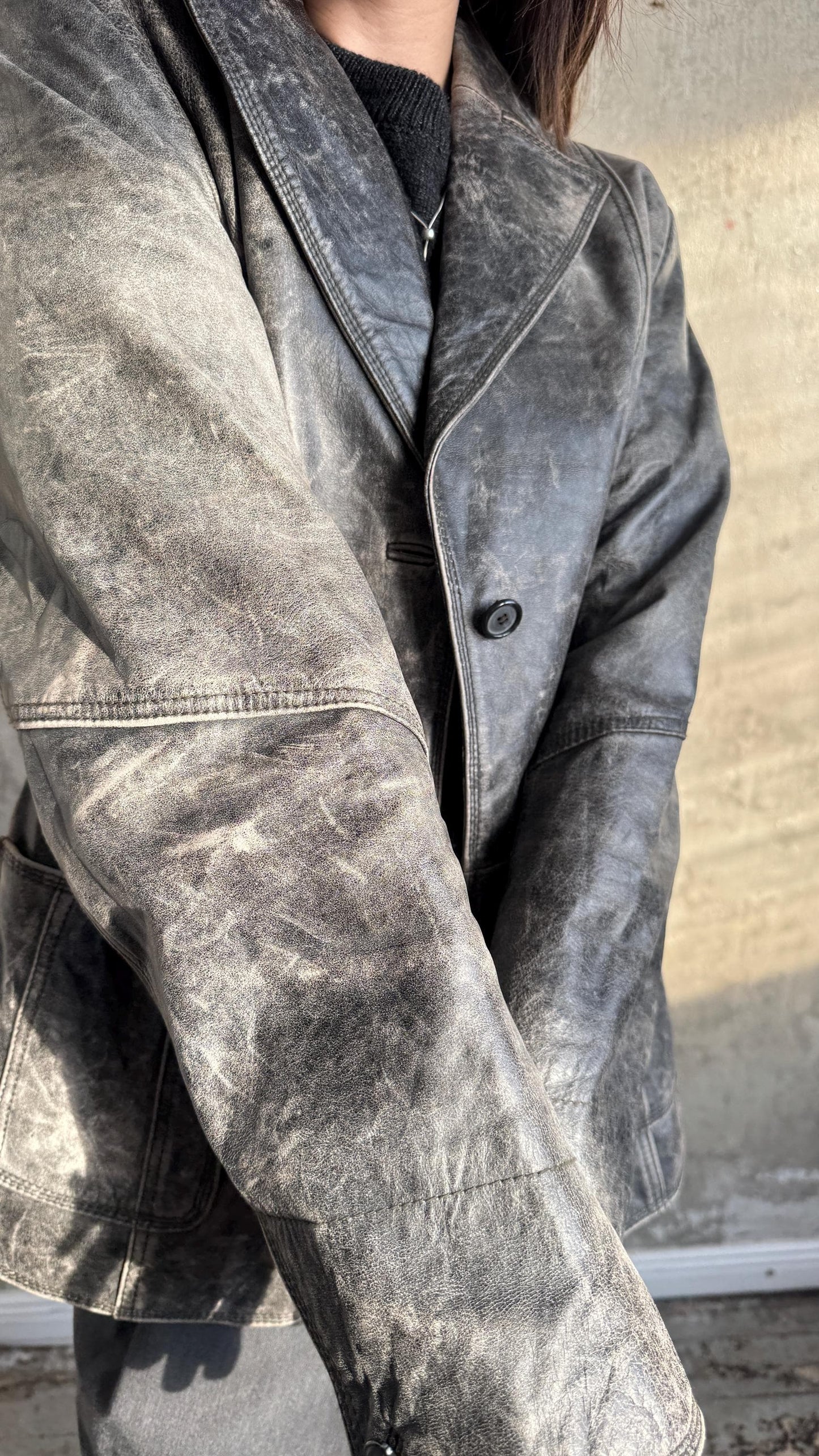 Vintage 90s Burnt Boxy Leather Jacket In Black/Grey