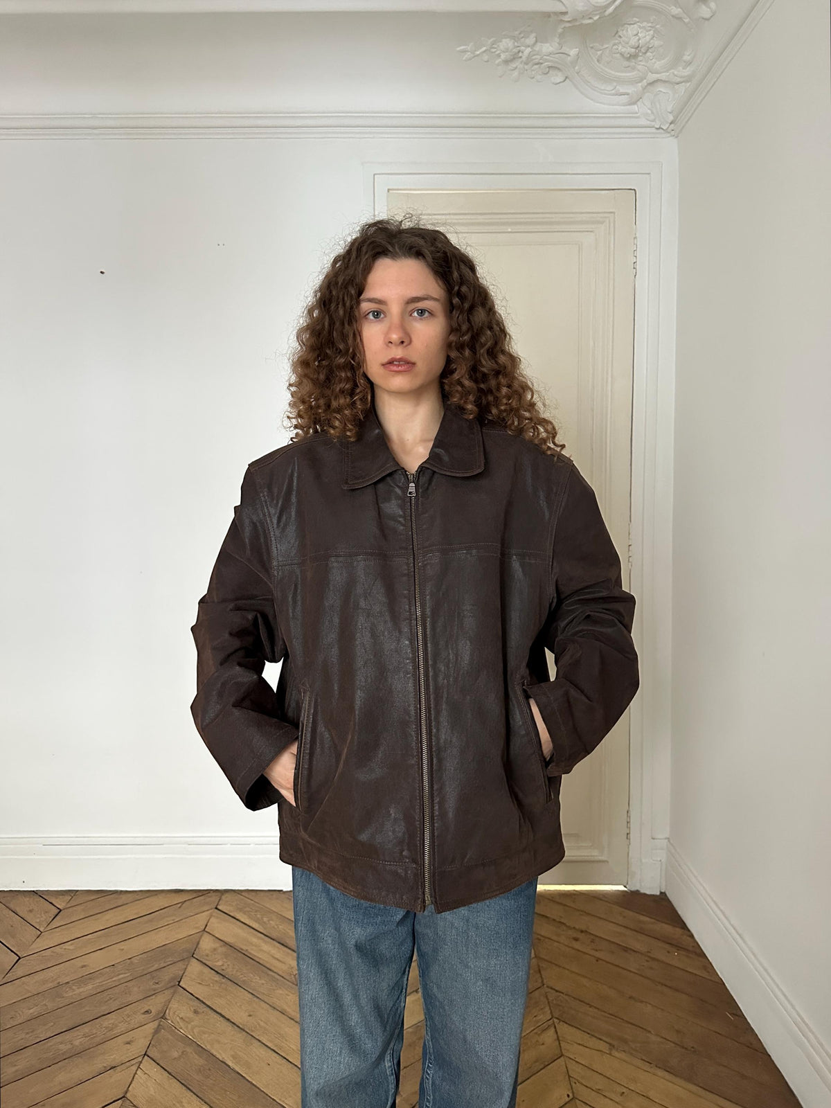 Vintage 90s Oversized Brown Leather Jacket in Brown