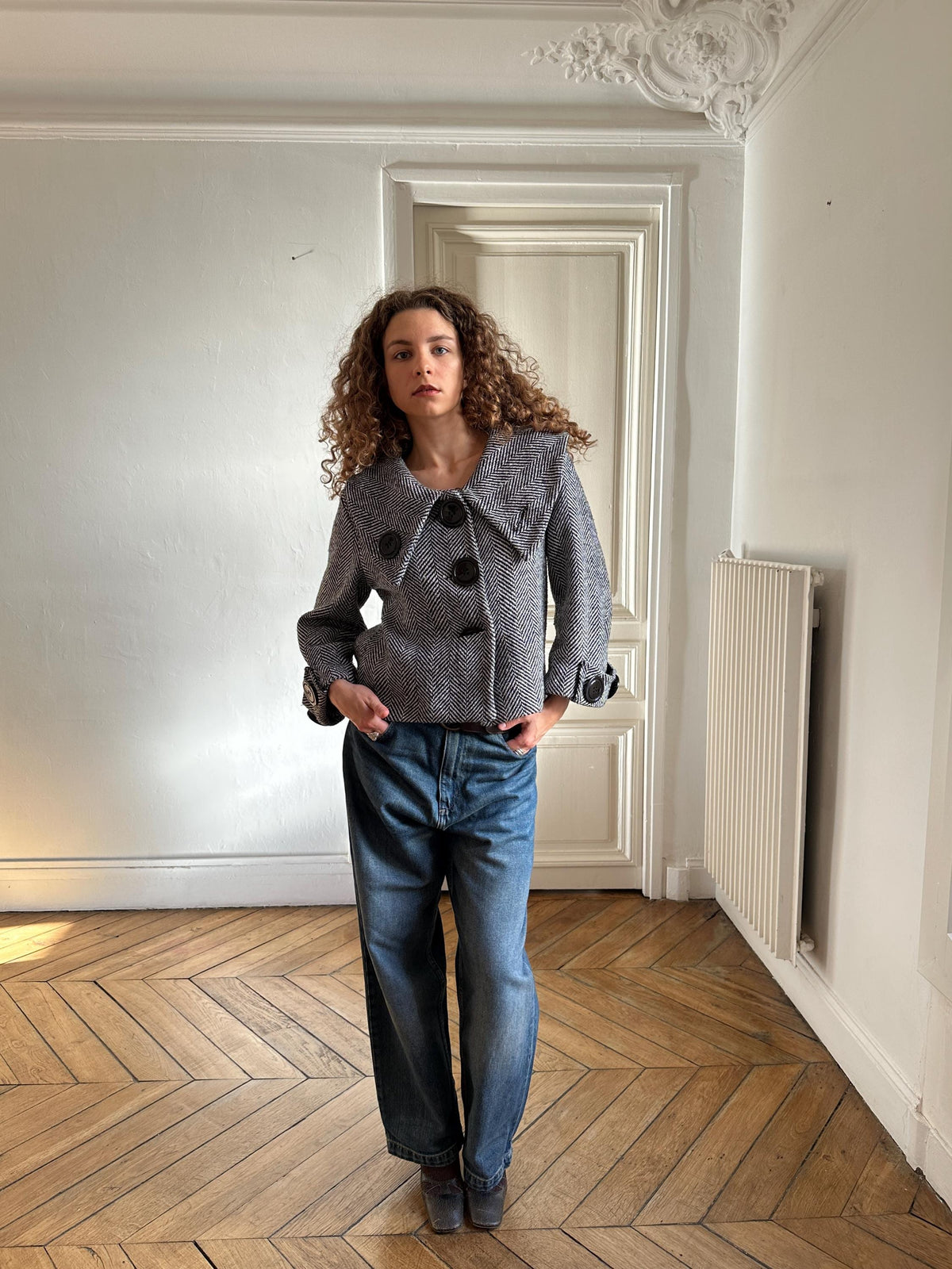 Vintage Cropped Coat with Large Collar in Black and White