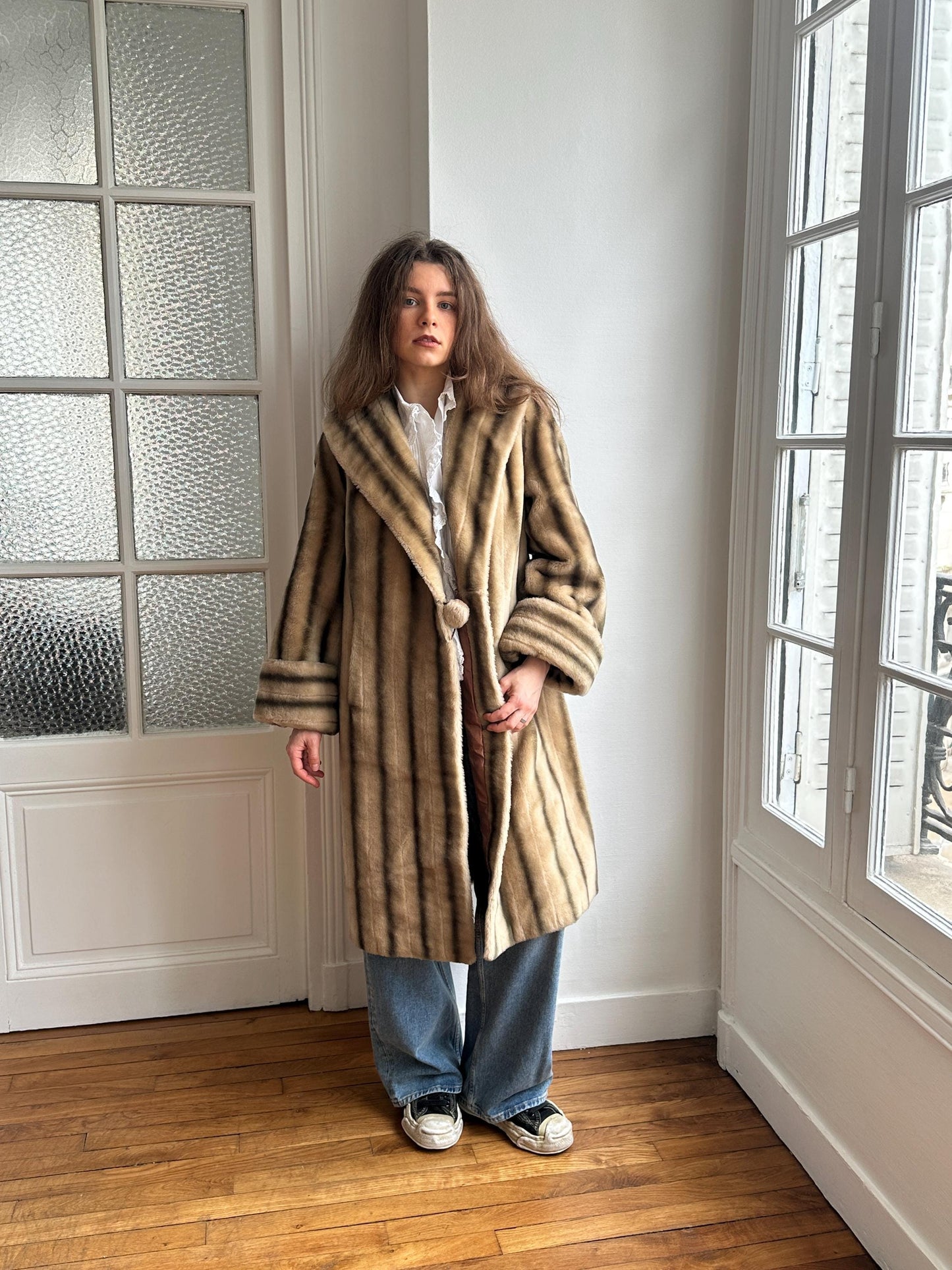 Vintage 60s Faux Fur Coat: Striped, Pom-Pom Closure, Midi Length, British Nylon