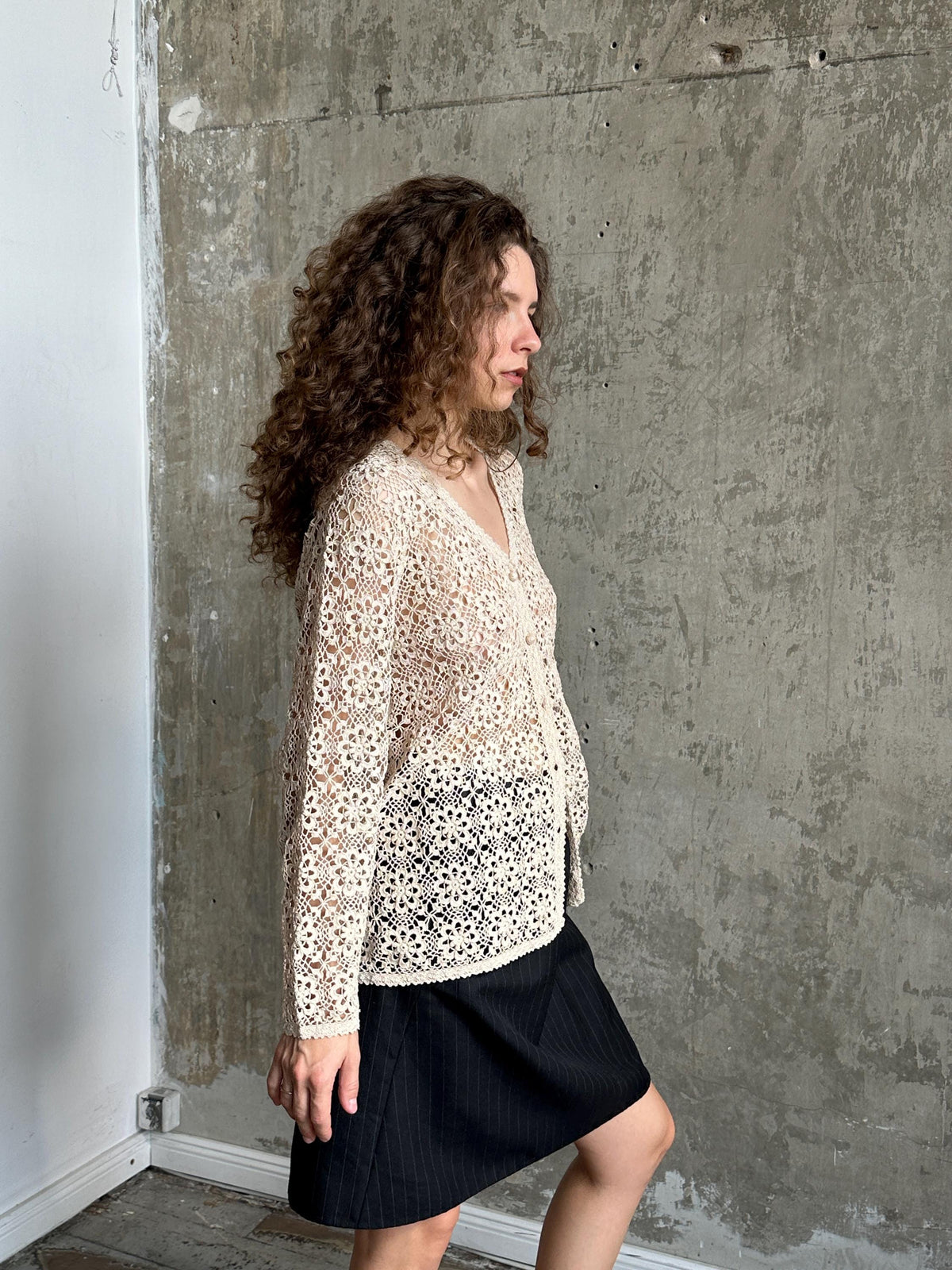Vintage 90s Crochet Cardigan In Beige