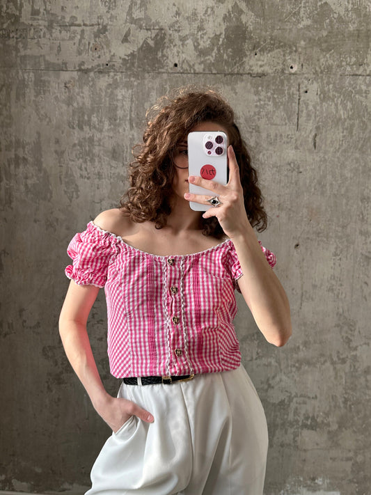 Vintage Dirndl Pink Plaid Top, Traditional Blouse with Puffy Sleeves