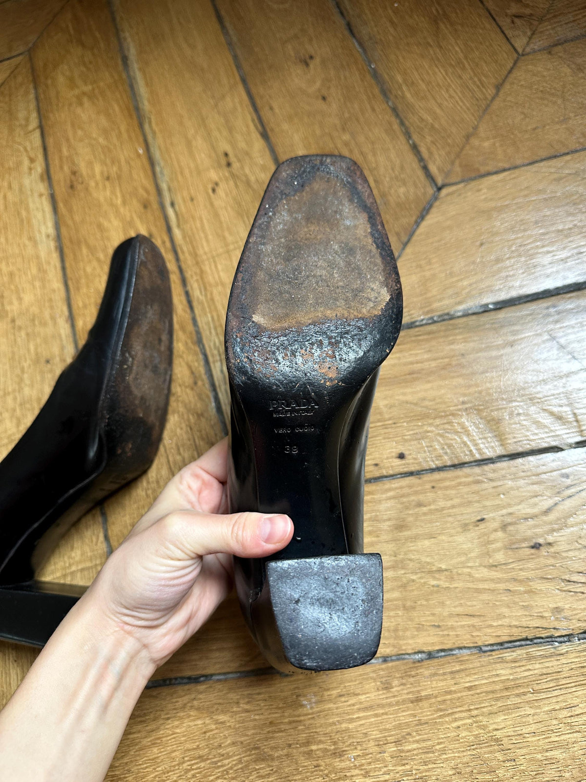 Vintage Prada Black Leather Block Heel Pumps | EU 38