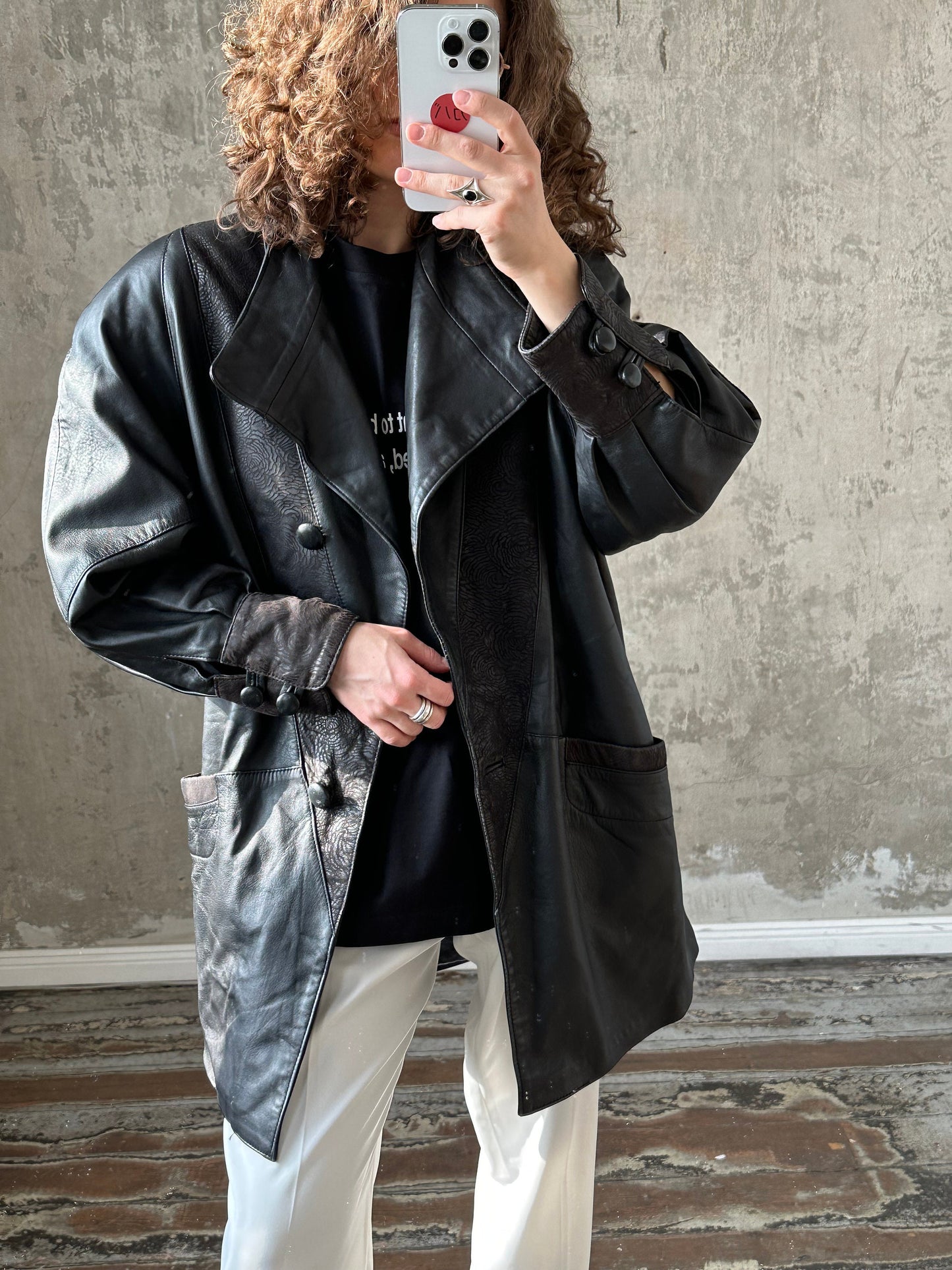 Vintage 90s Black Leather Overcoat with Big Collar, Gender Neutral, Perfect Condition