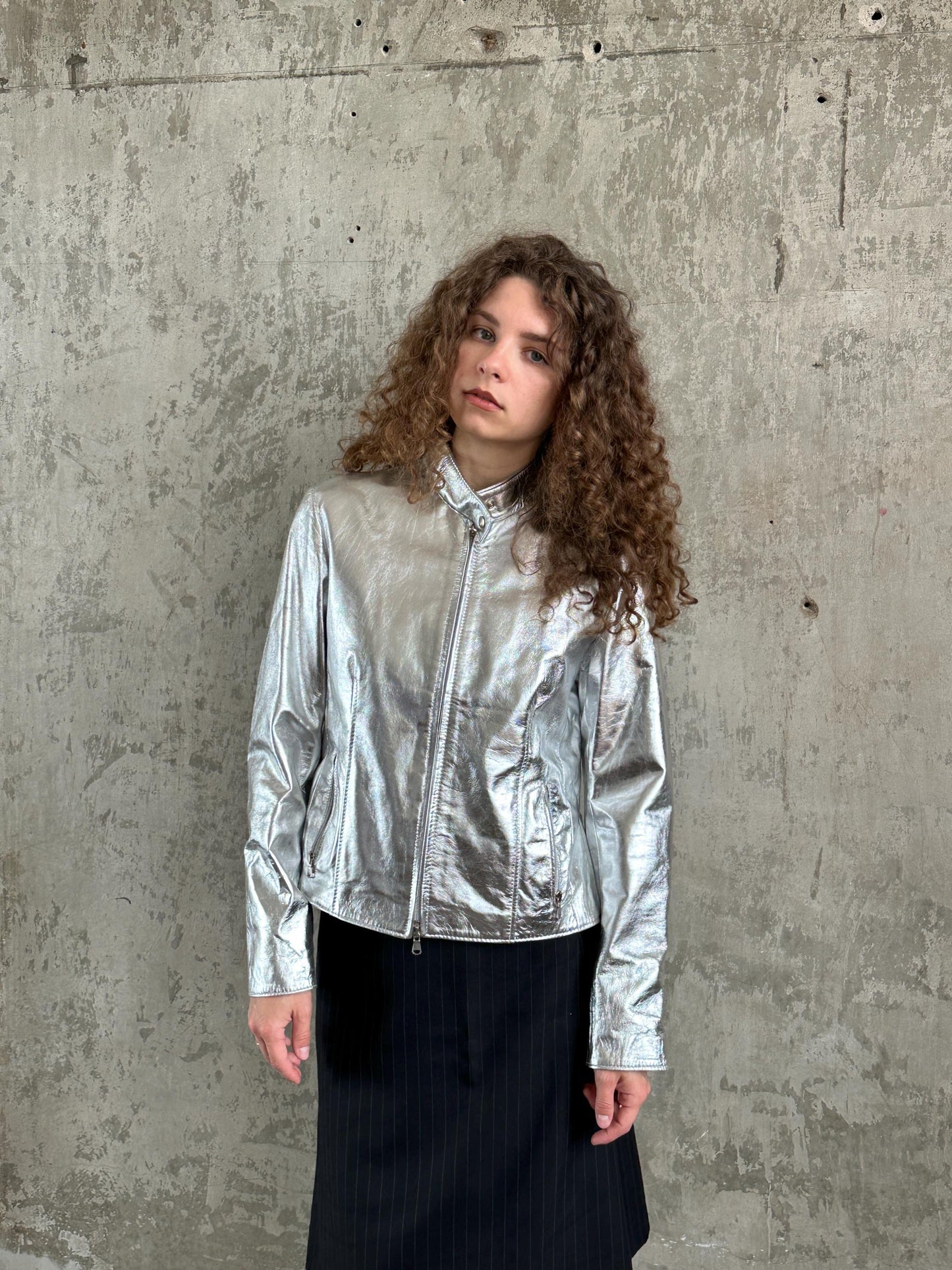 Vintage Y2K Silver Metallic Leather Jacket | Moto Racer Zip Jacket