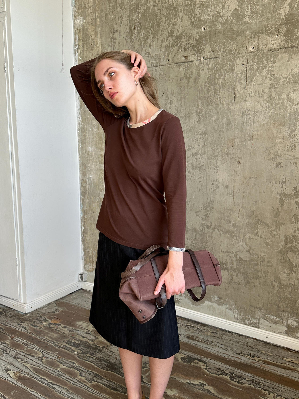 Vintage Burberry London Brown Check Trim Top | Long Sleeve Cotton Shirt