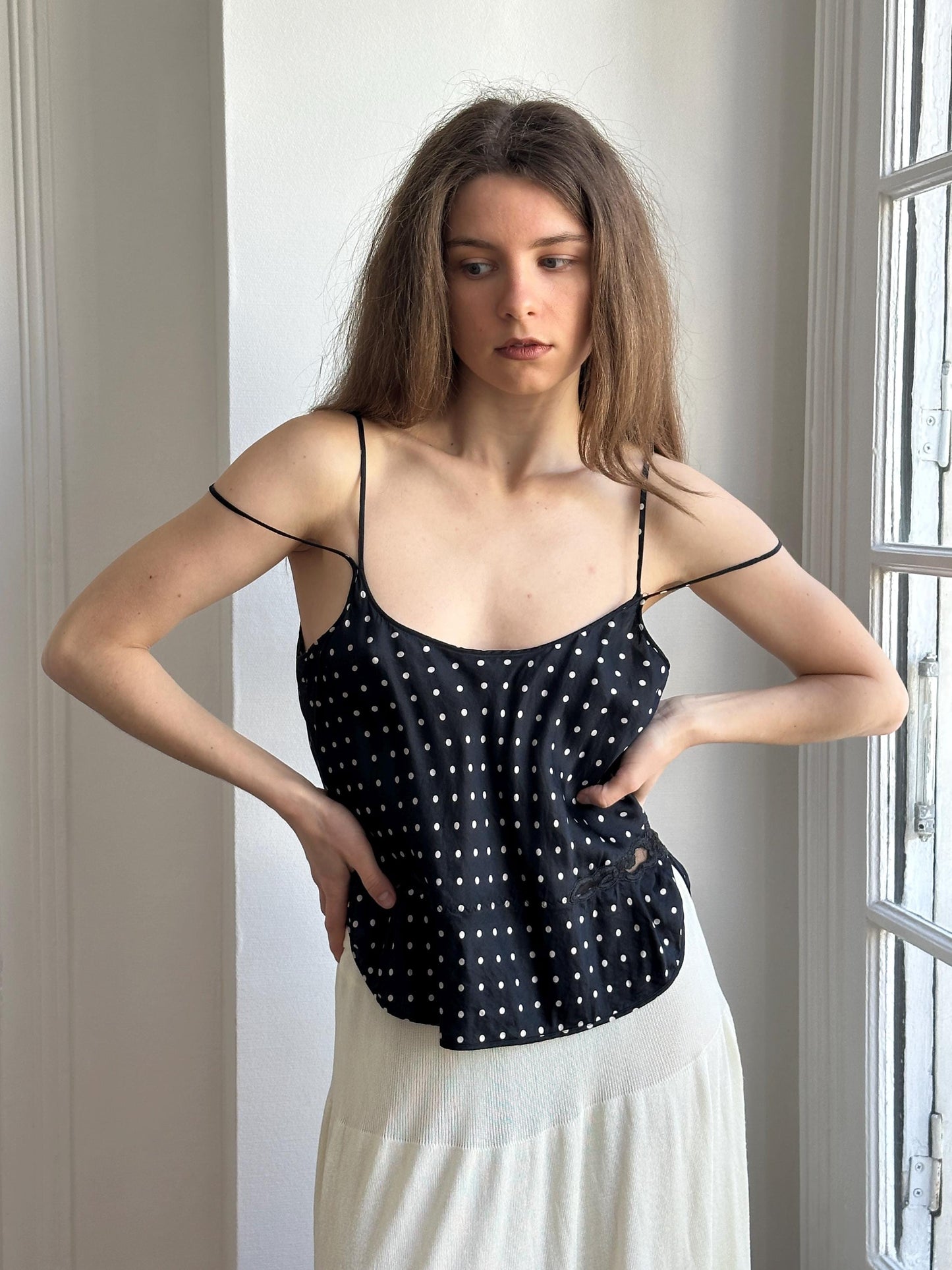 Vintage Pure Silk Polka Dot Nightie Top in Black