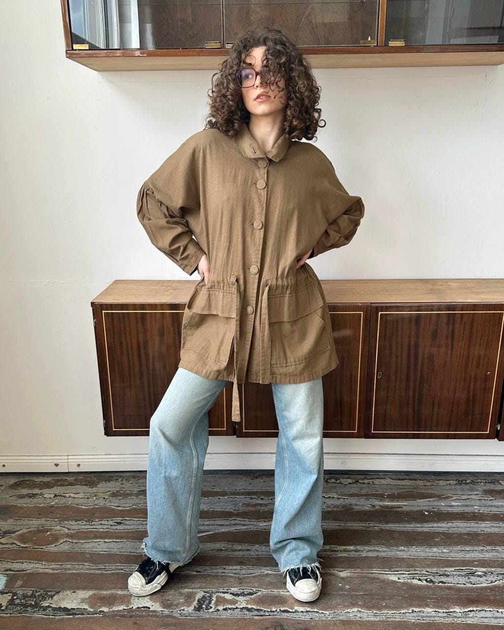 Vintage 90s oversized loose linen jacket in brown