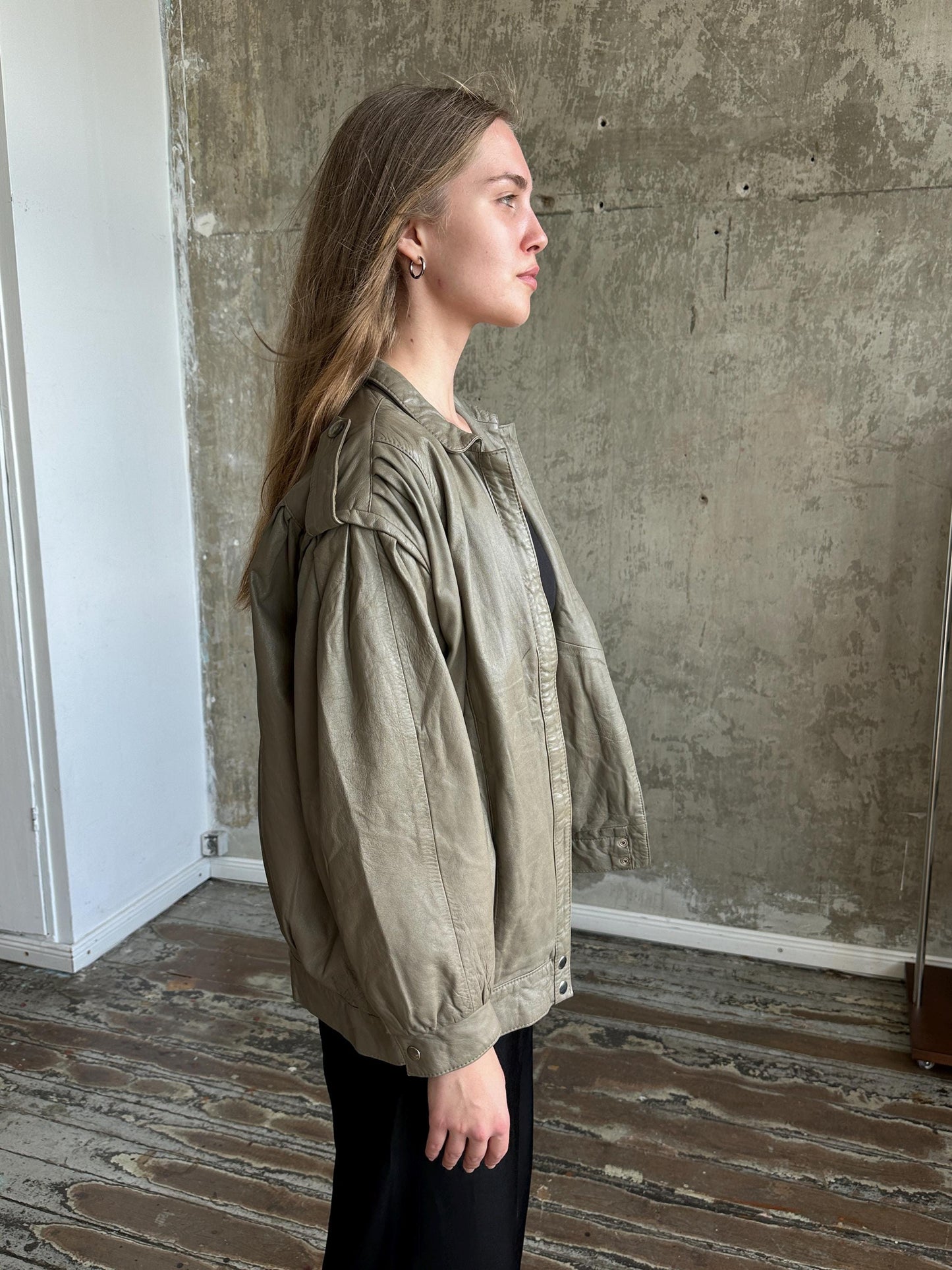 Vintage Oversized Leather Grey Bomber Jacket