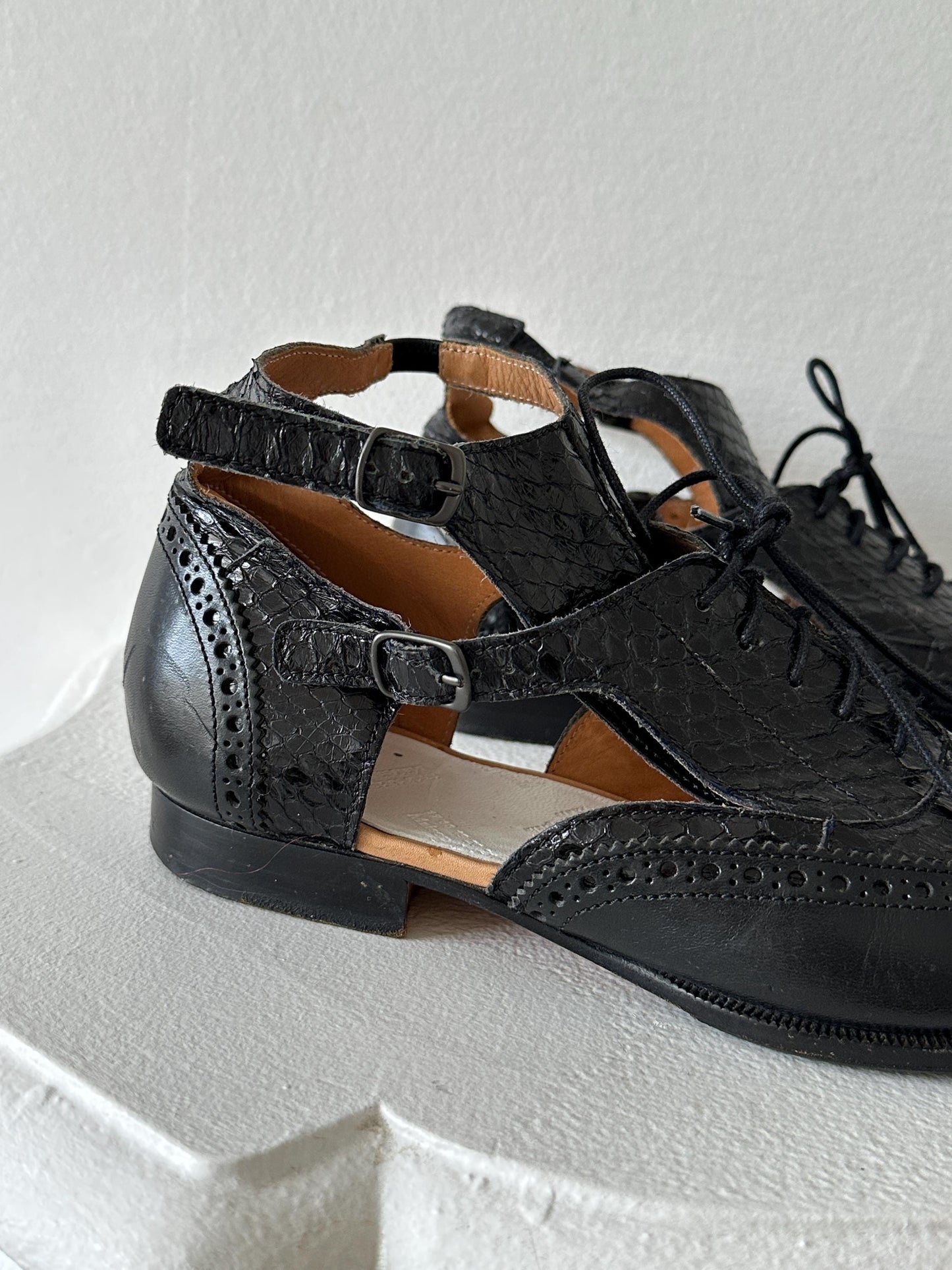 Maison Margiela Line 22 Black Leather Cut-Out Brogue Oxford Sandal in Black I US 6.5