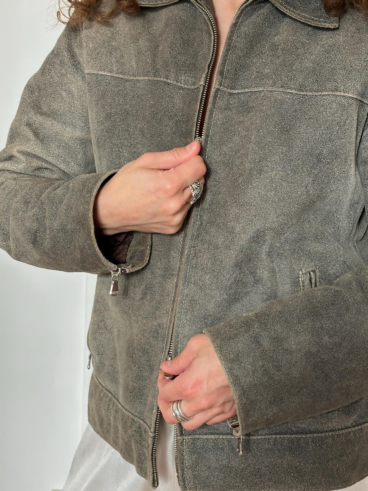Vintage 90s Boxy Moto Leather Jacket in Grey