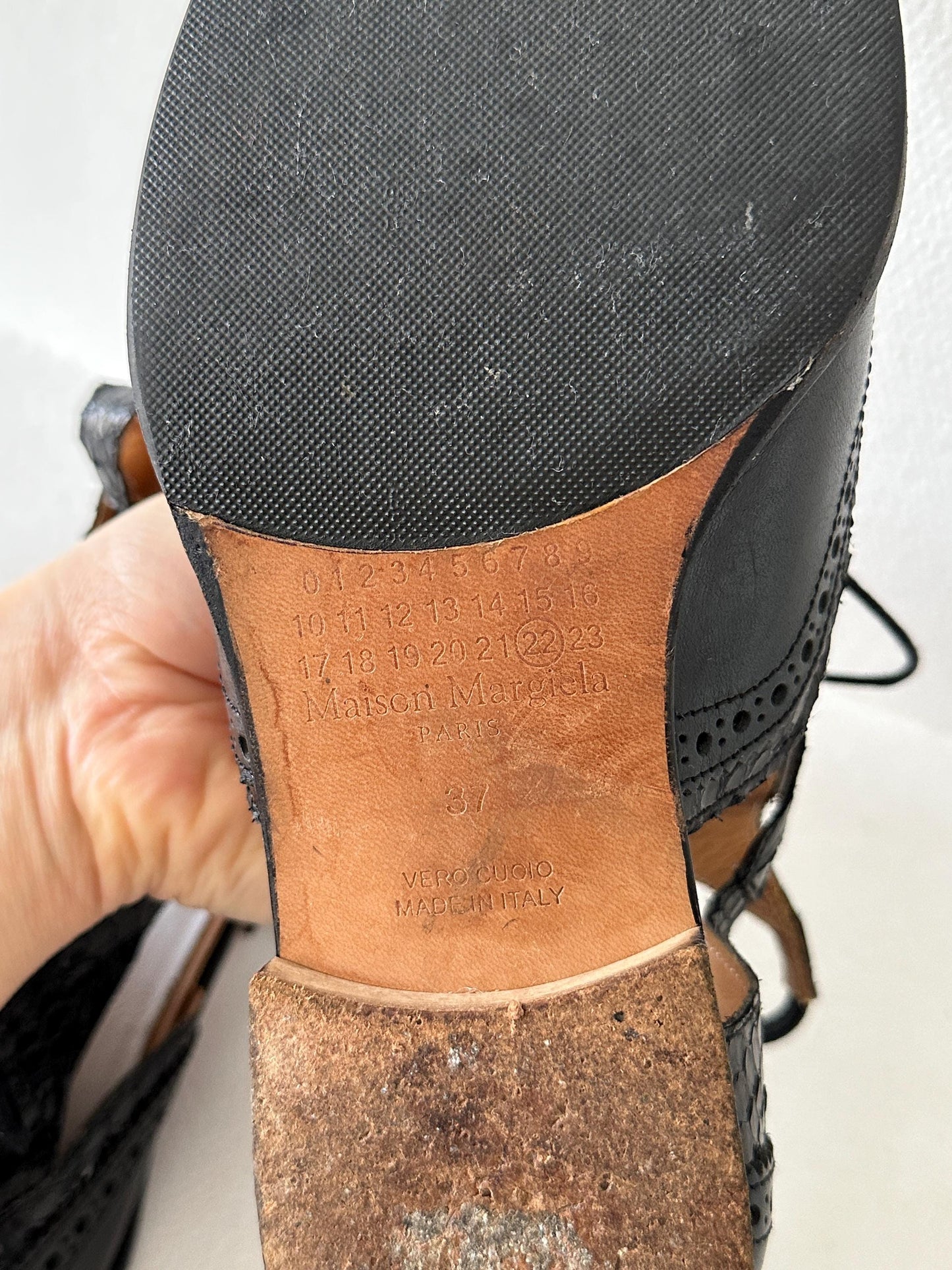 Maison Margiela Line 22 Black Leather Cut-Out Brogue Oxford Sandal in Black I US 6.5