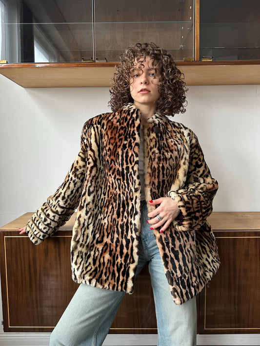 Vintage 80s leopard print fur coat, wool winter coat