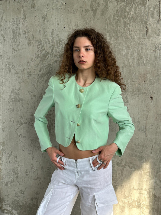 Vintage Cropped Blazer in Mint Green | Collarless Silk Jacket