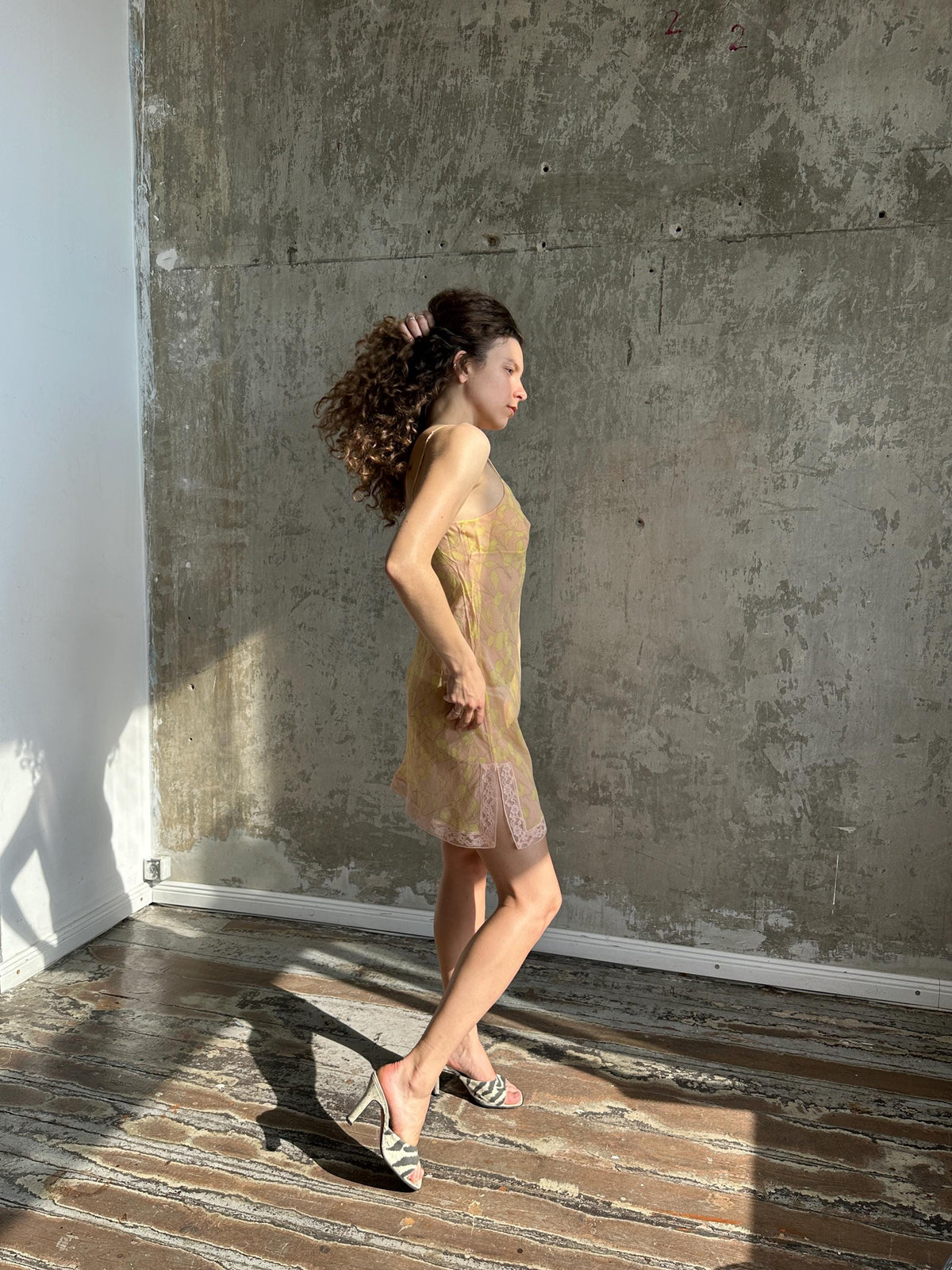 Vintage Calvin Klein Pure Silk Floral Slip Dress in Pink and Yellow