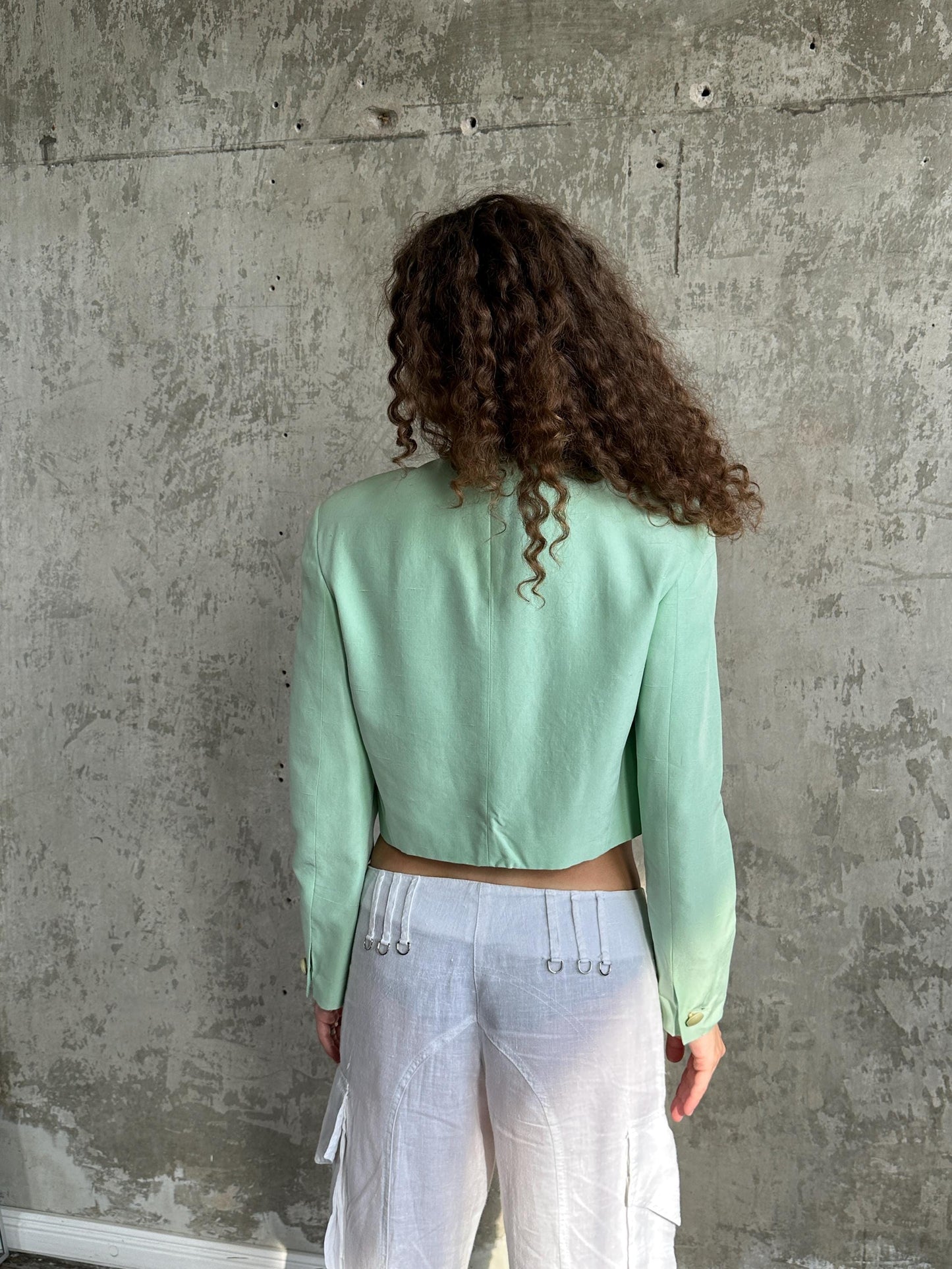 Vintage Cropped Blazer in Mint Green | Collarless Silk Jacket