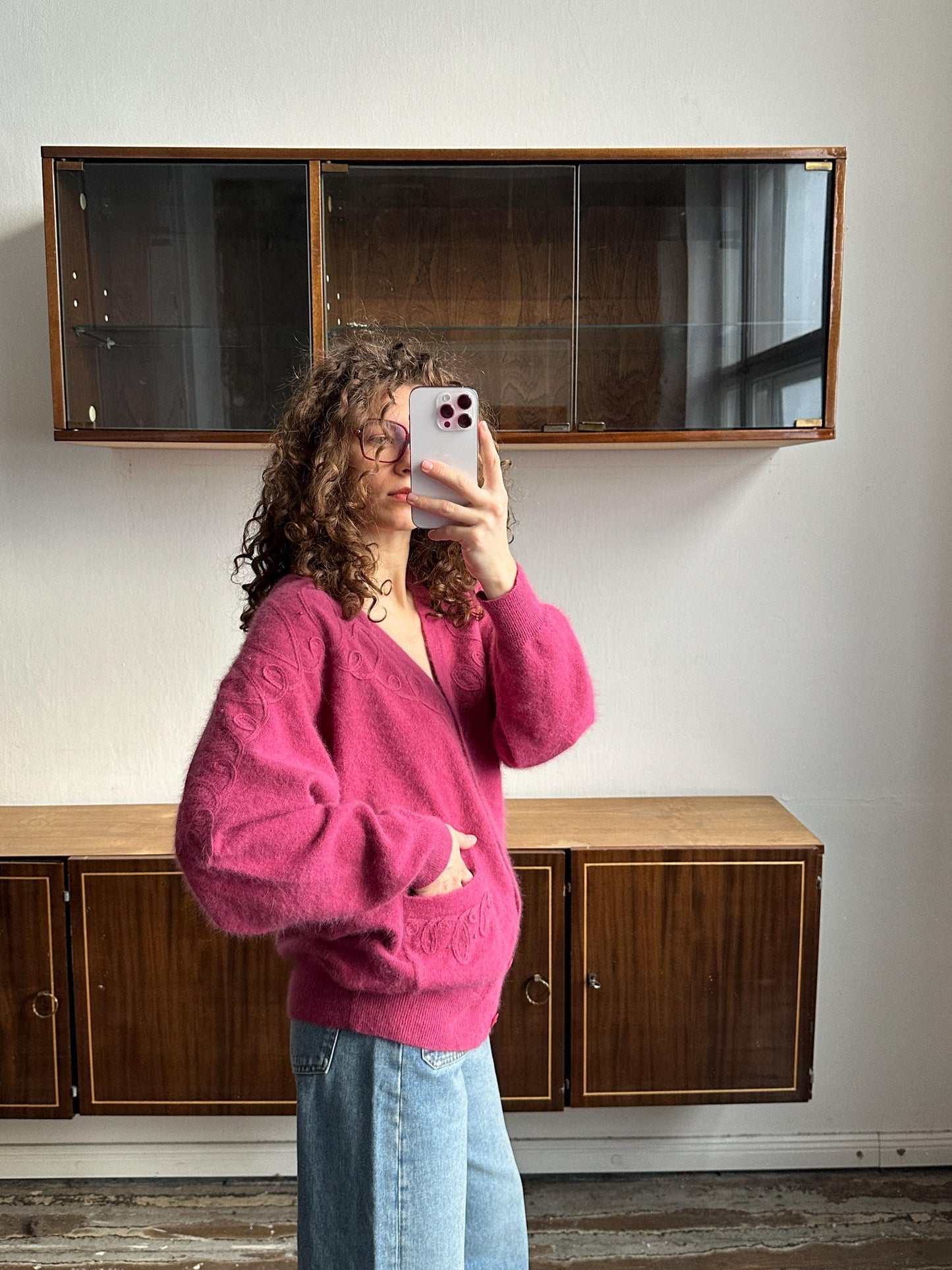 Vintage Angora Wool Embroidered Cardigan In Pink