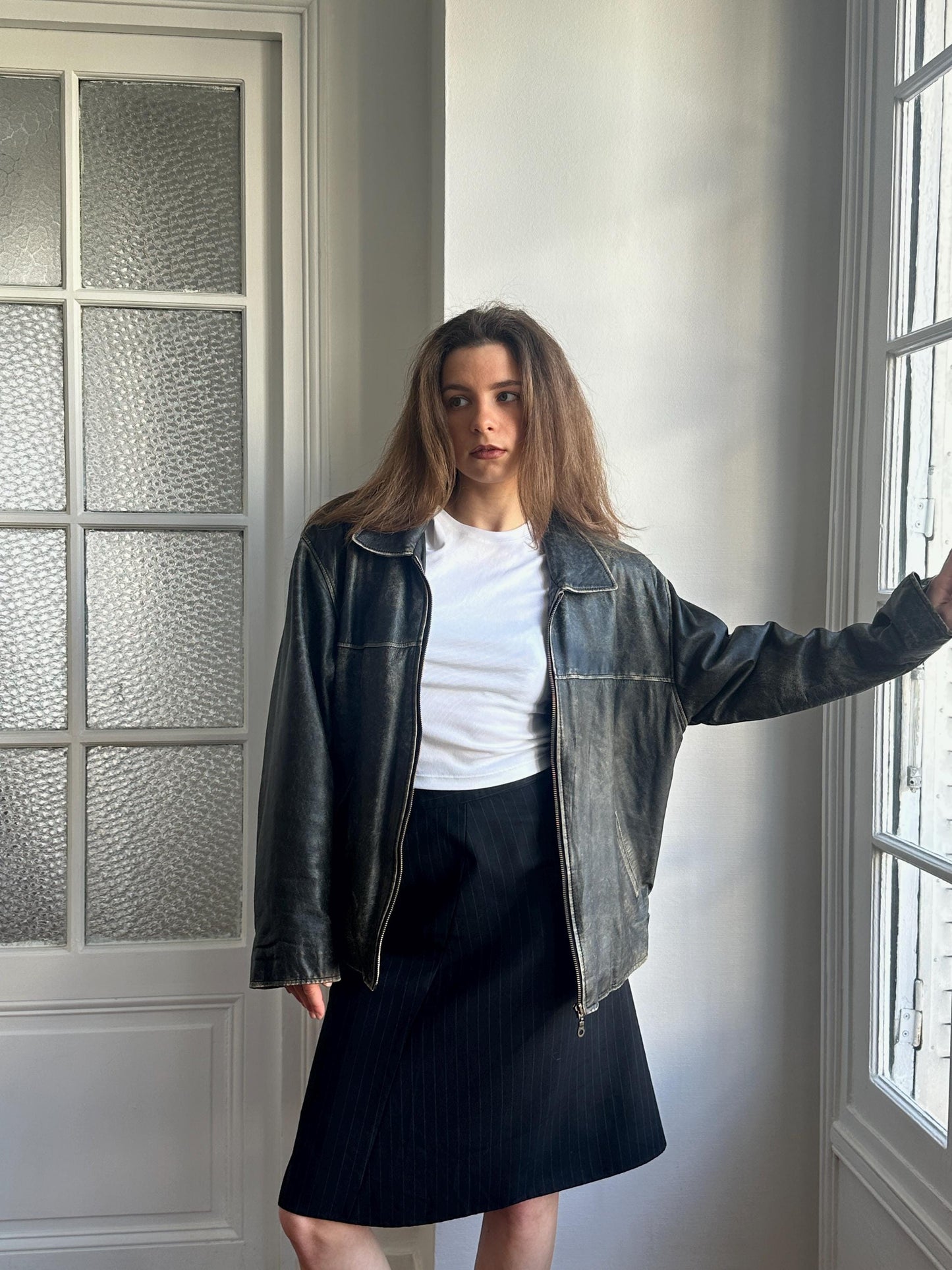 Vintage Distressed Leather Bomber Jacket in Black