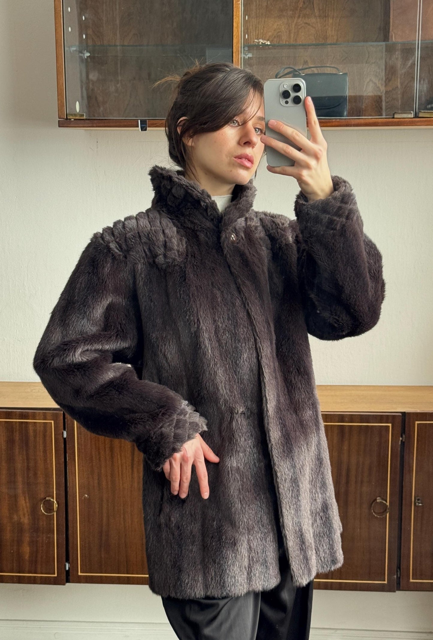 Vintage 90s Oversized Faux-Fur Mini Coat In Brown
