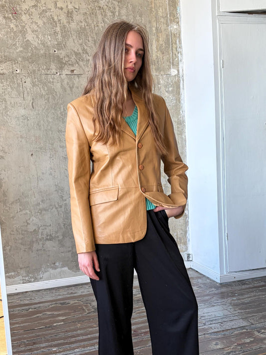 Vintage Caramel Leather Blazer | Lamb Leather Brown Jacket