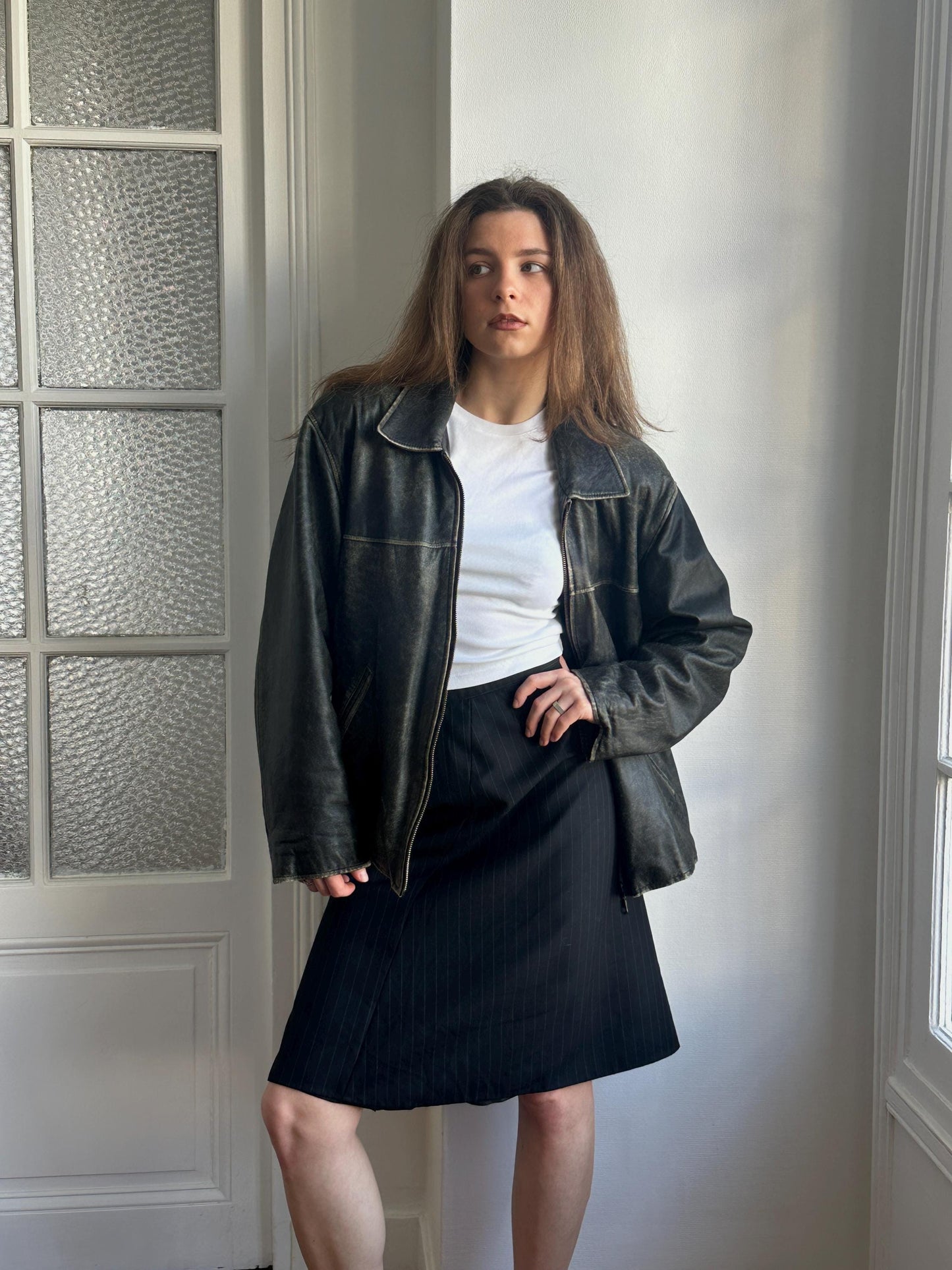Vintage Distressed Leather Bomber Jacket in Black