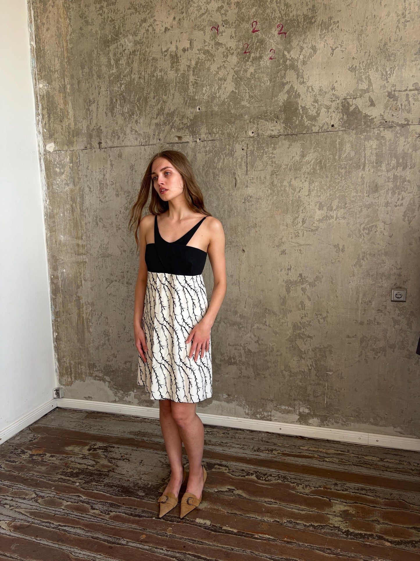 Vintage Balenciaga Branch Halter Dress in Black and White | Nicolas Ghesquière Era Silk Dress