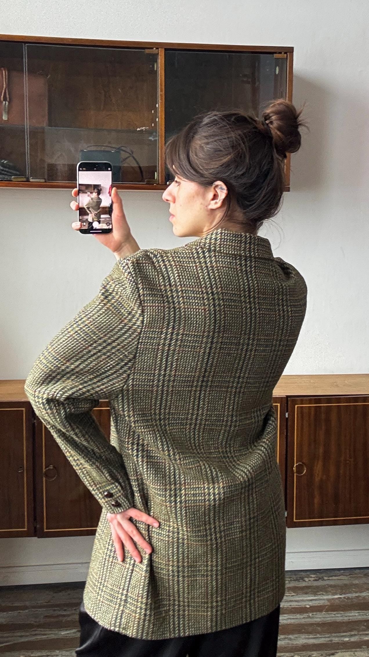 Vintage 90s Wool Classic Checked Blazer In Green