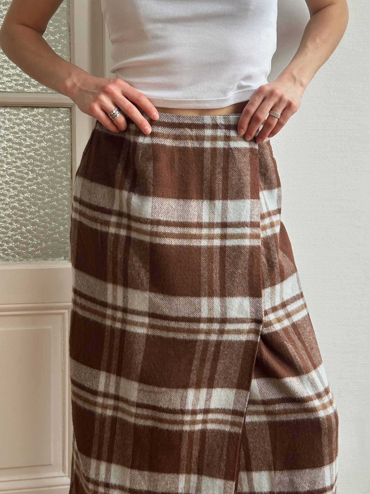 Vintage Plaid Wool Maxi Skirt in Brown