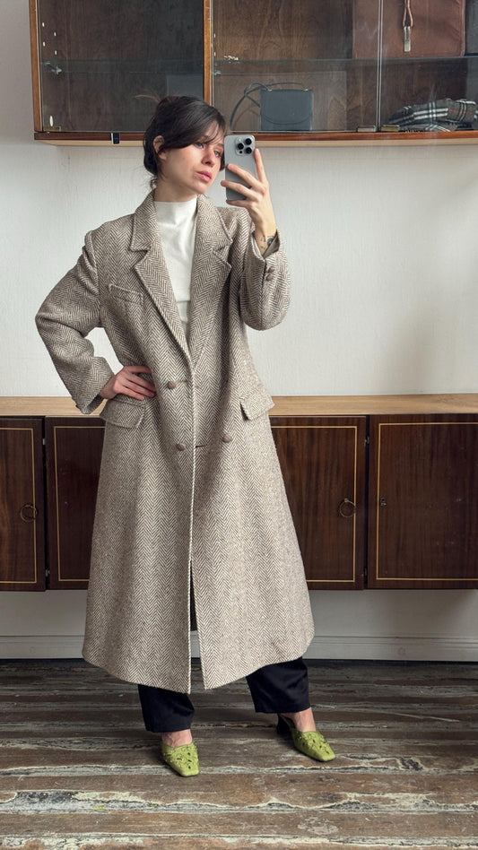 Vintage 90s Maxi Wool Classic Double-Breasted Coat In Beige