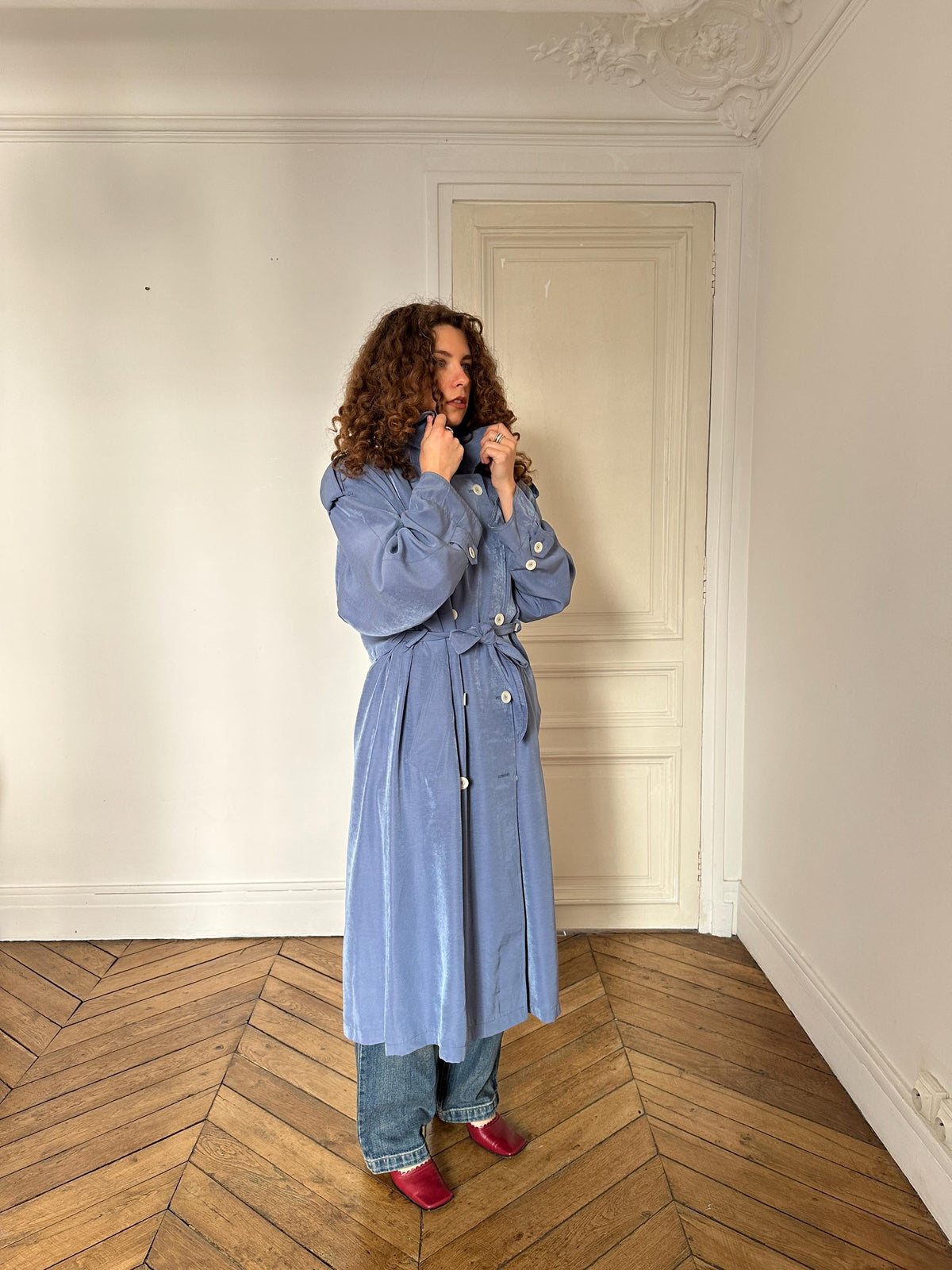 Vintage Cloudy Blue Long Trench Coat