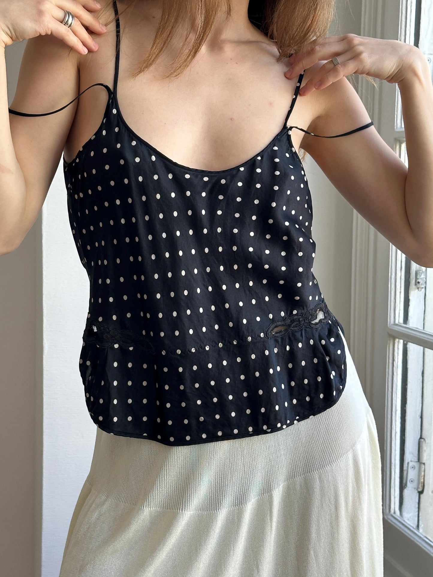 Vintage Pure Silk Polka Dot Nightie Top in Black