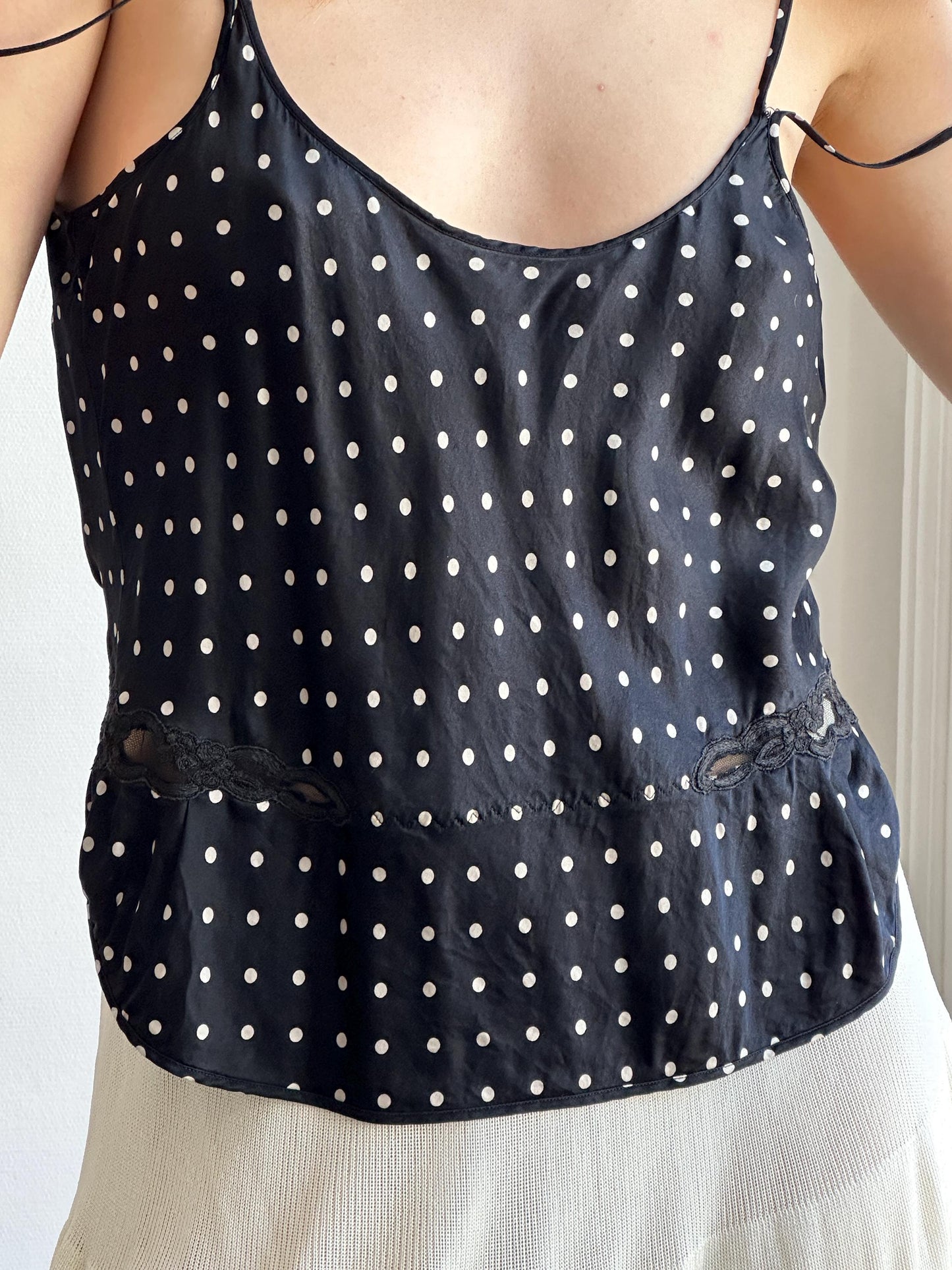 Vintage Pure Silk Polka Dot Nightie Top in Black