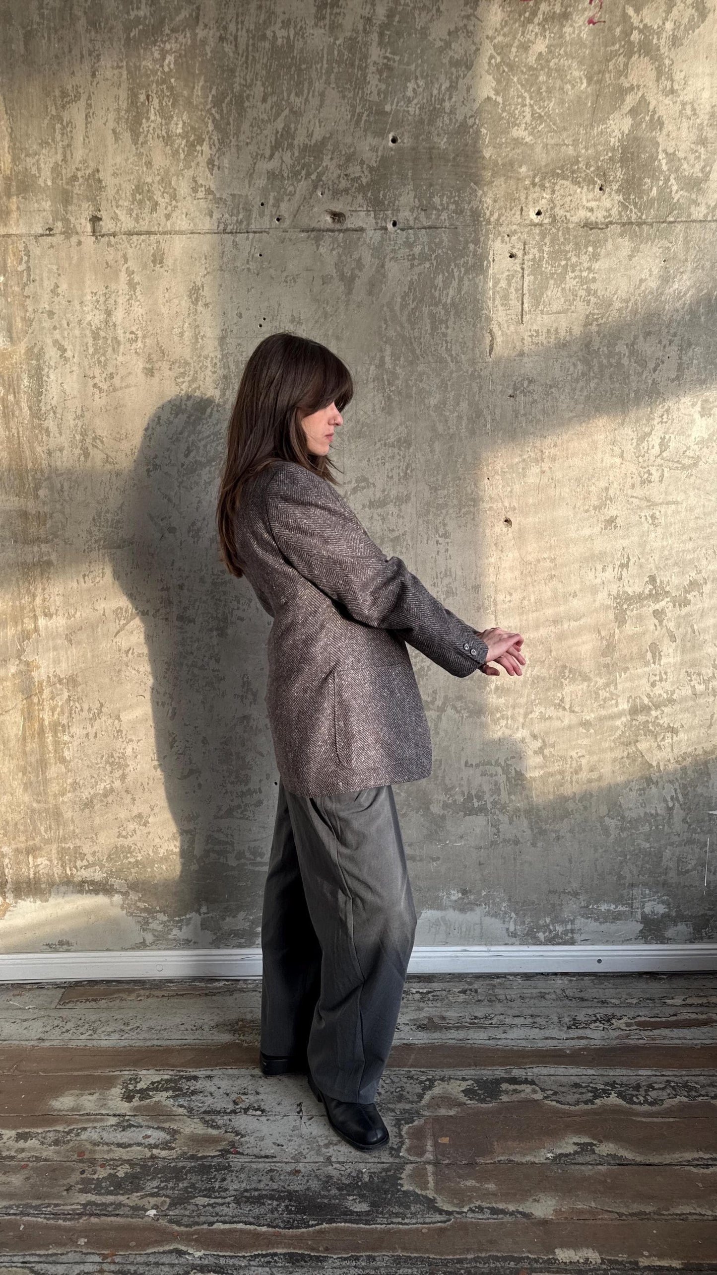Vintage 90s Classic Herringbone Wool Blazer In Grey