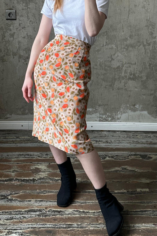 Vintage Y2K A-line midi skirt in floral orange-yellow print