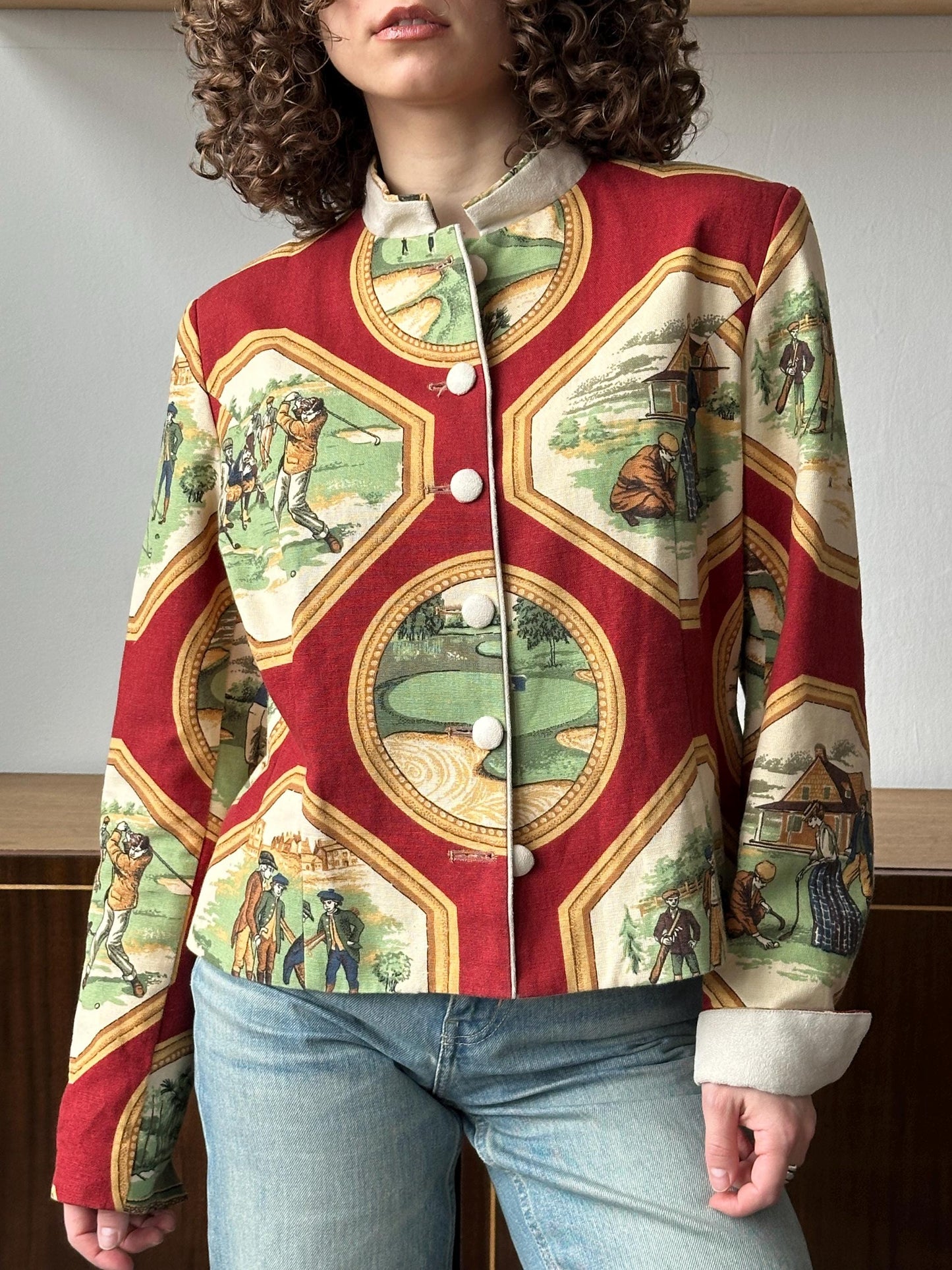 Vintage tapestry blazer in red and white with golf scenes
