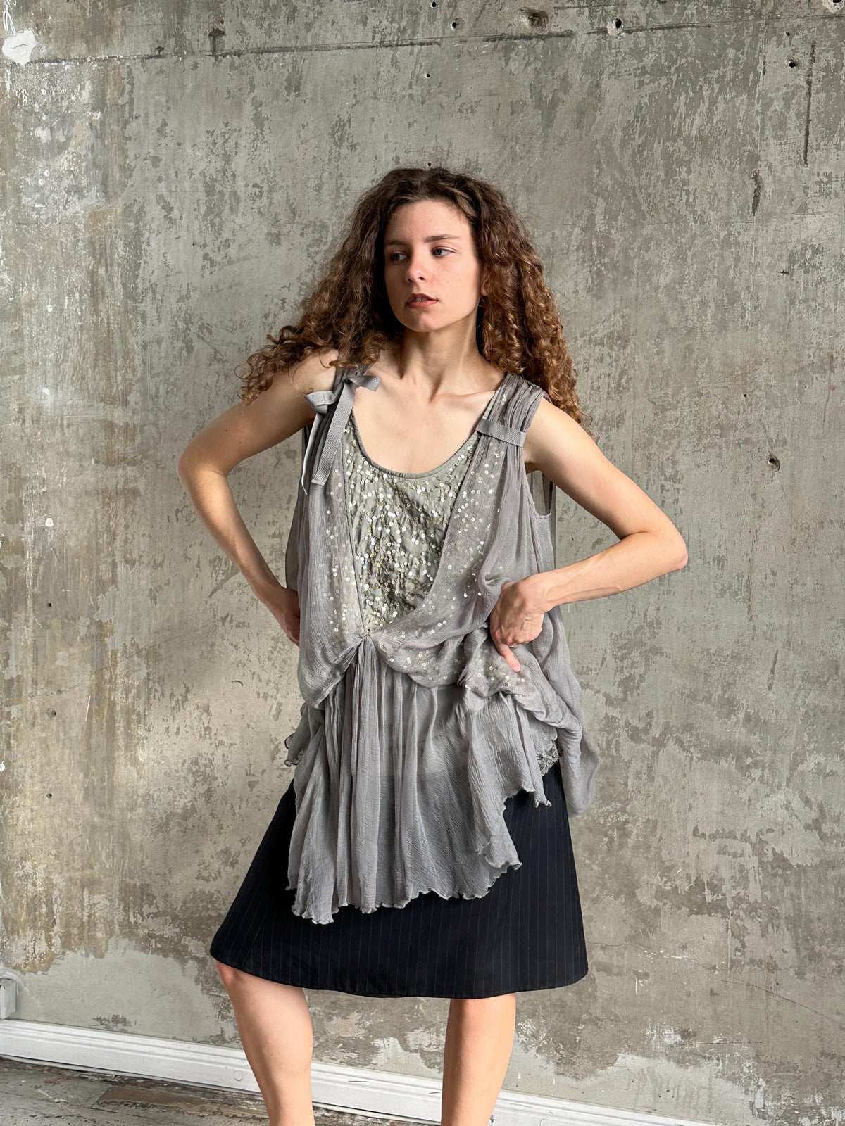 Vintage Liu Jo Grey Sequin Lace Dress | Layered Ruffle Dress