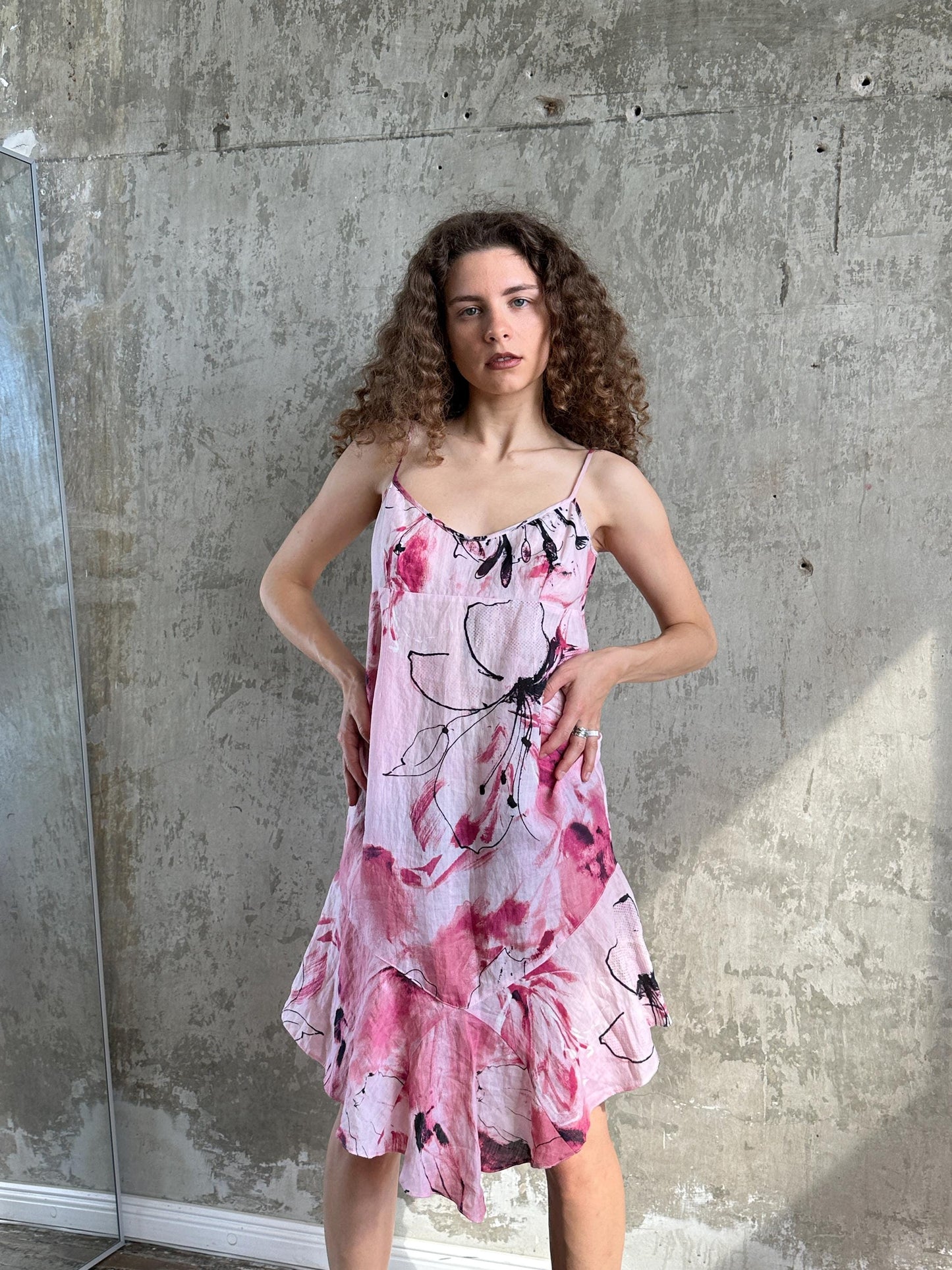 Vintage Floral Slip Linen Dress in Pink